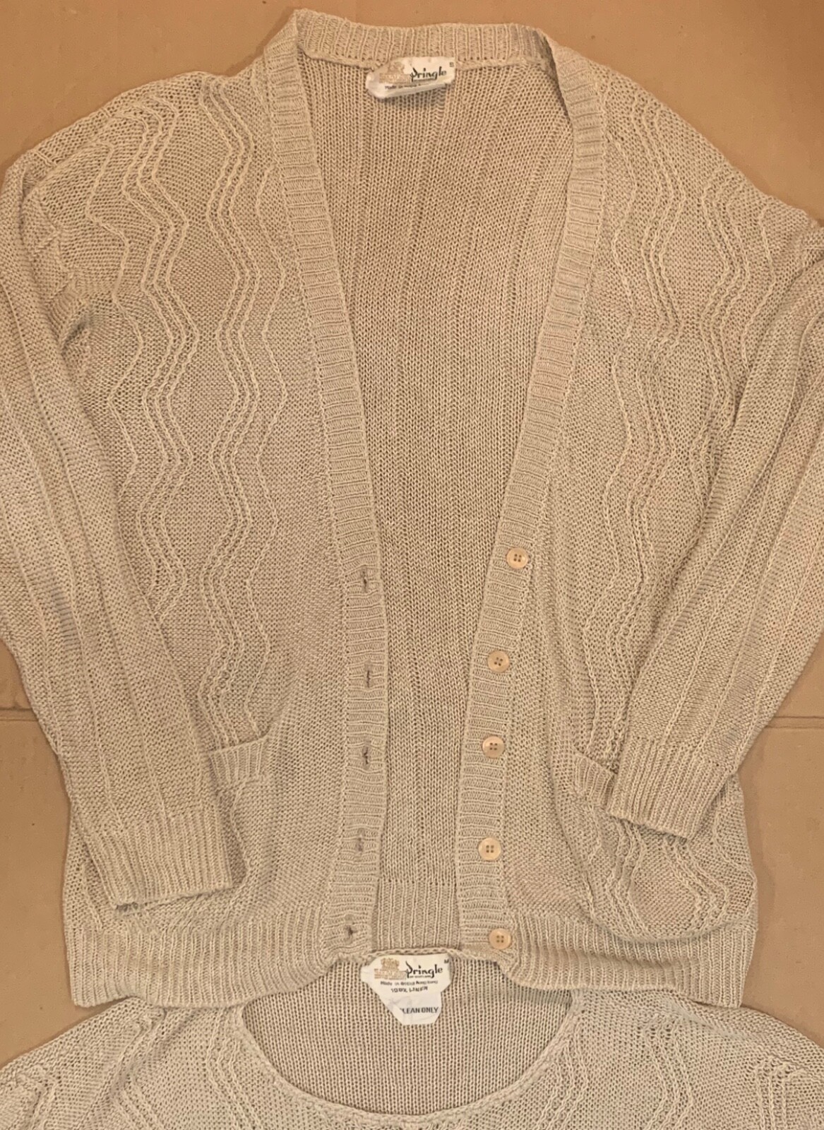 SET OF 2 Pringle of Scotland 100% Linen Tan Preppy Vintage Sweater Cardigan S/M
