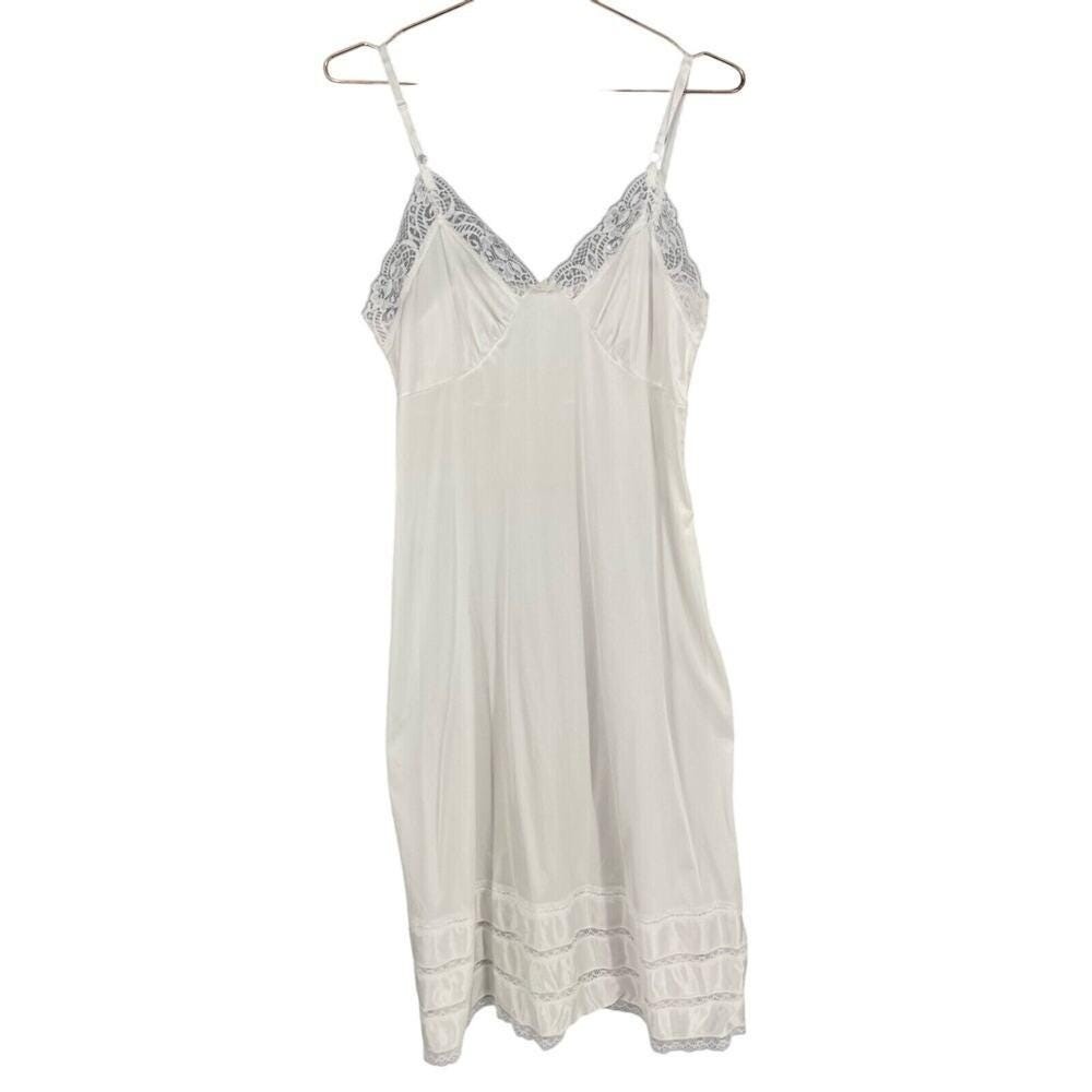 Vintage Adonna Full Slip Womens 36 White Silky Satin Lace V-neck