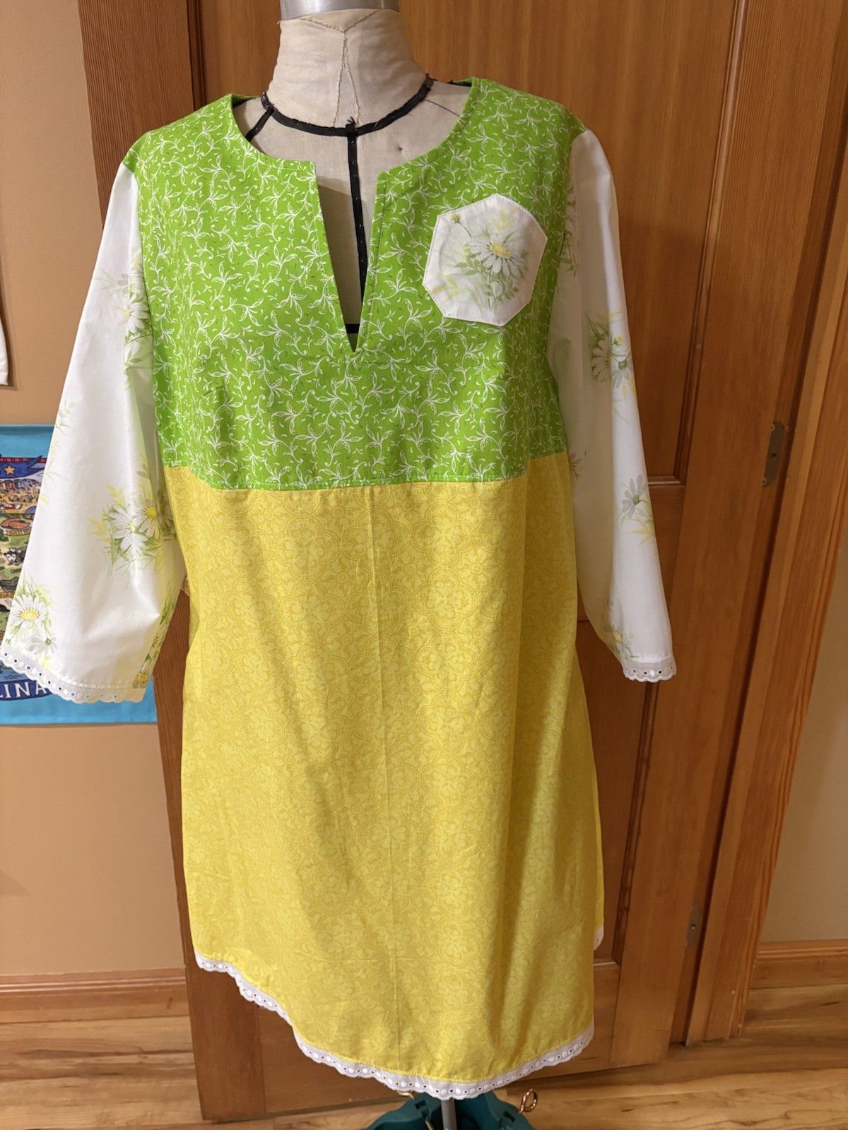 Vintage Style Dress Size L Green, Yellow, White Floral. Made From Vintage Linens