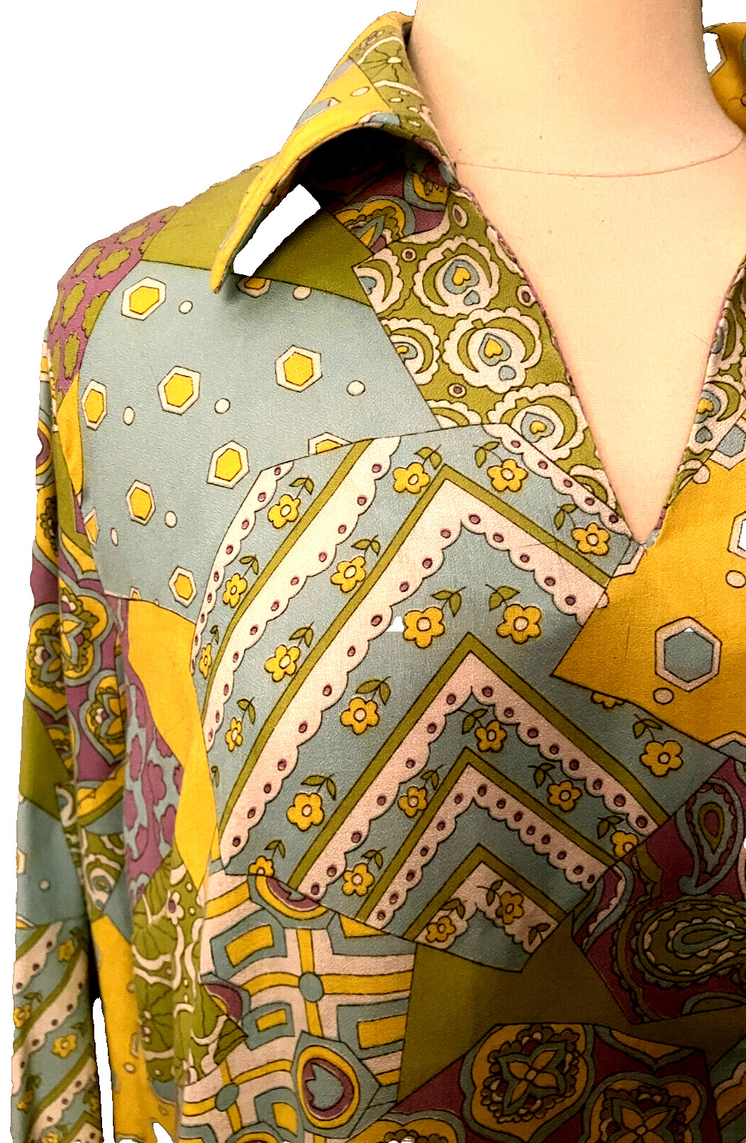 Mellow Yellow mod 1960s vintage psychedelic paisley shirt L/XL split collar