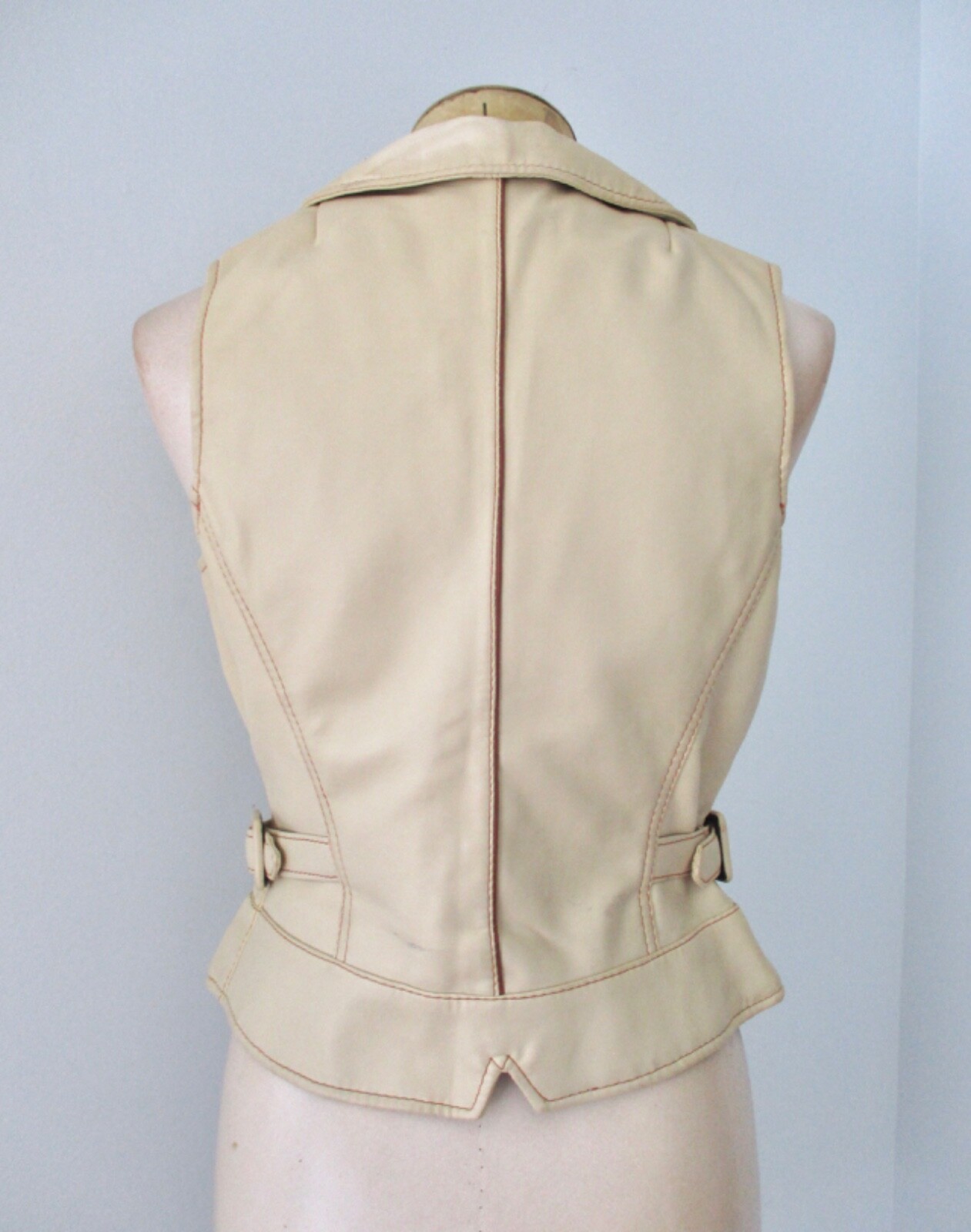 Vtg 70s 80s Beige Pleather Faux Leather Disco Vest Side Buckle Belts Washable 12