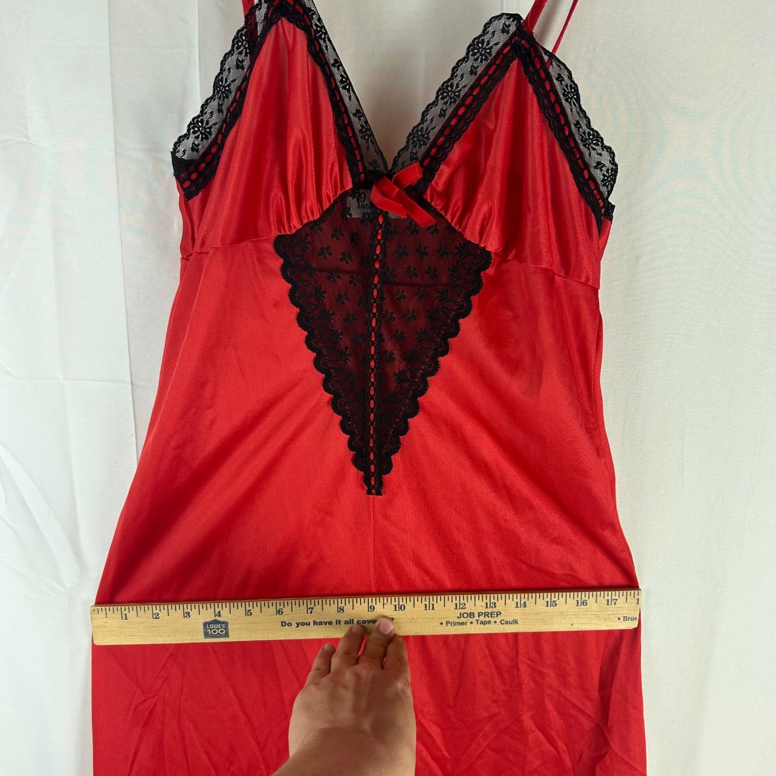 Vintage Paramount New York Red Satin Nightgown Black Lace Trim Maxi Slip Dress