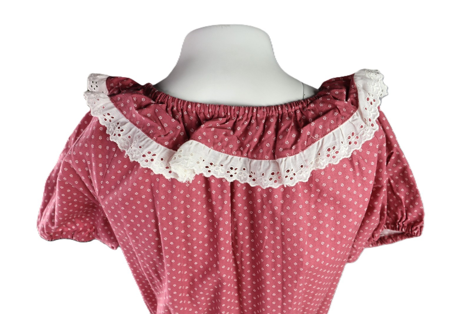VTG 60s 70s US 2 4 6 8 S M Square Dance Prairie Ditzy Print Lace Midi Dress Pink