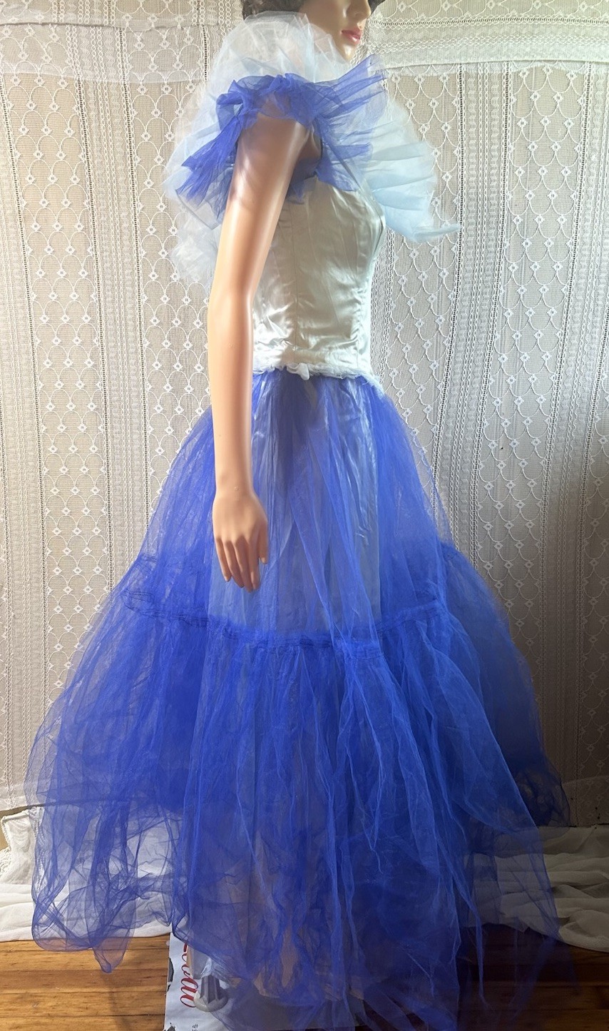 Vintage Tulle Ball Gown 34″w Theatrical Drama Ruffle Dress, Blue 80s 50s Prom