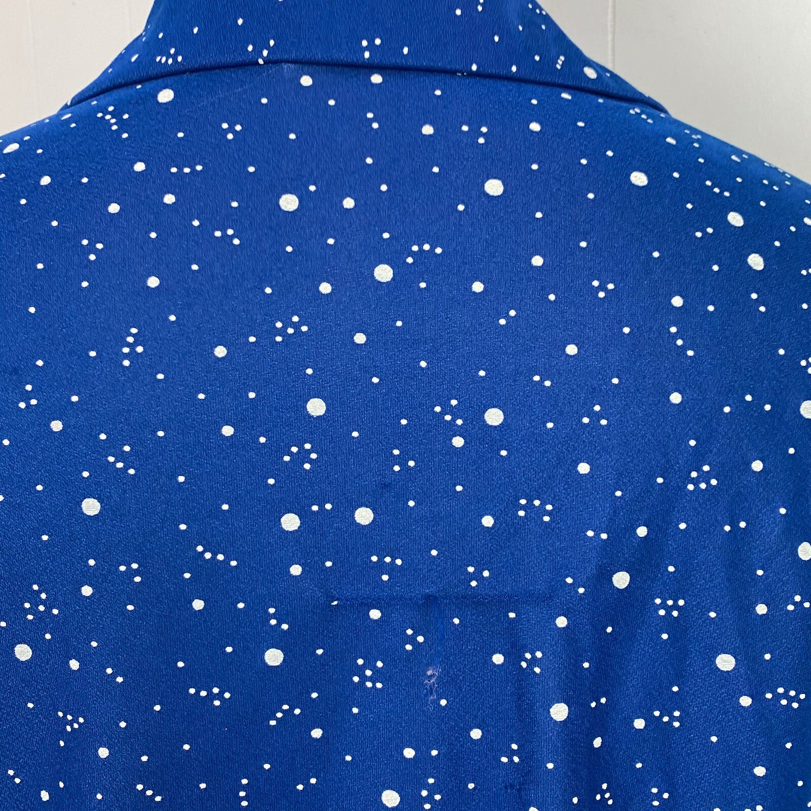 Vintage 70s Polyester Royal Blue & White Polka Dot Button Down Shirt