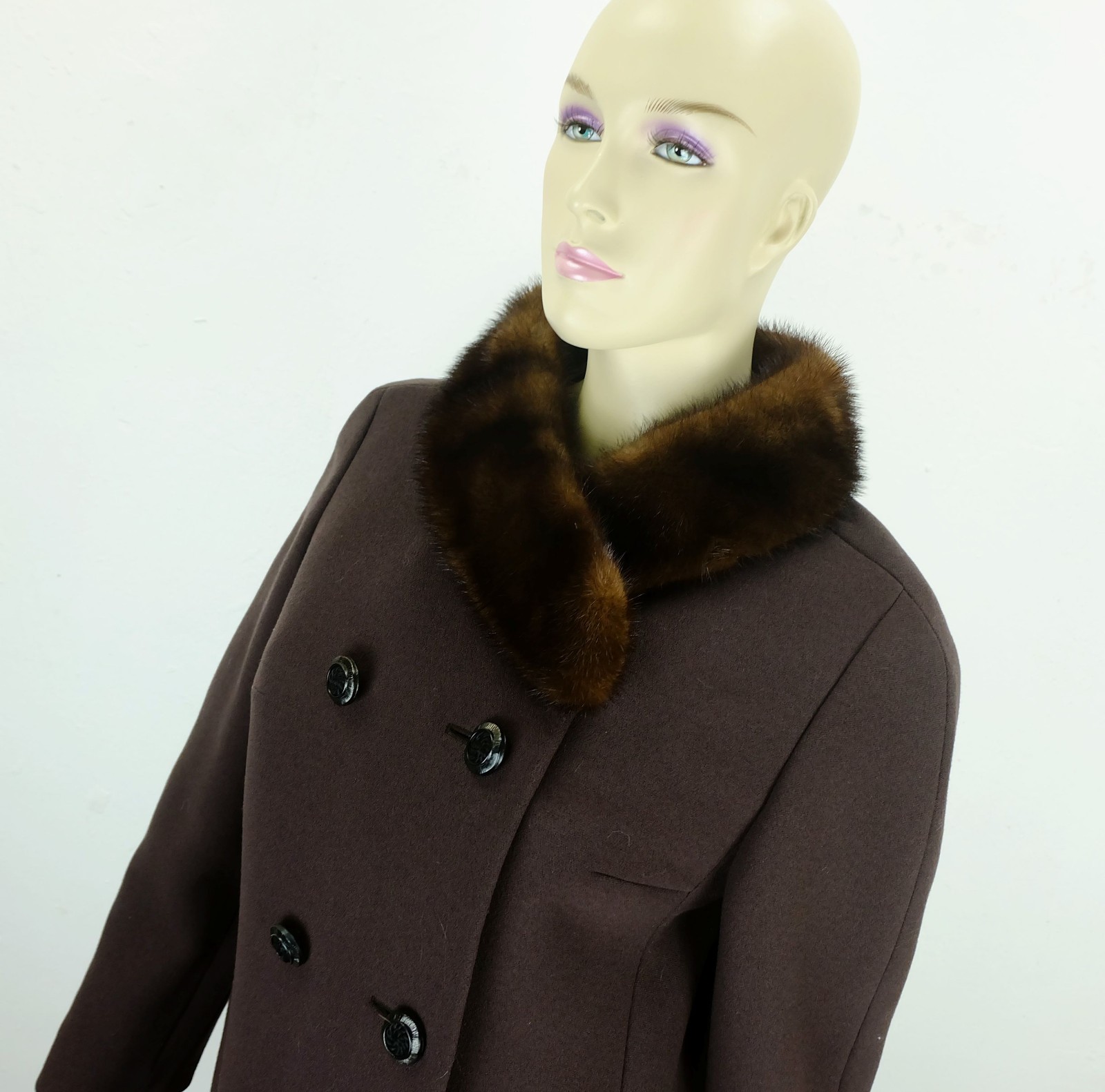 1960s COAT Del Mod International Brown Wool Fabric Mink Collar Size 38
