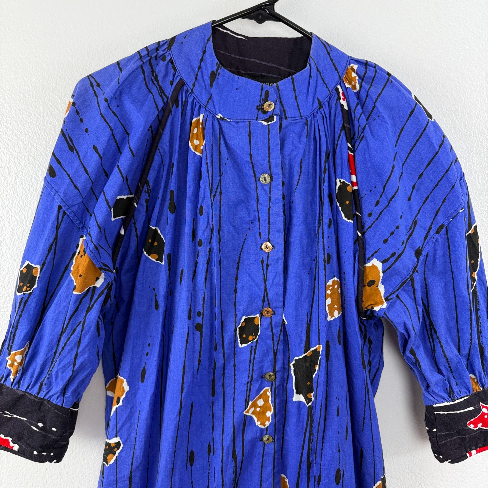 Vtg 80s Ventures of California House Dress Blue Pleated Cotton Artsy Abstract