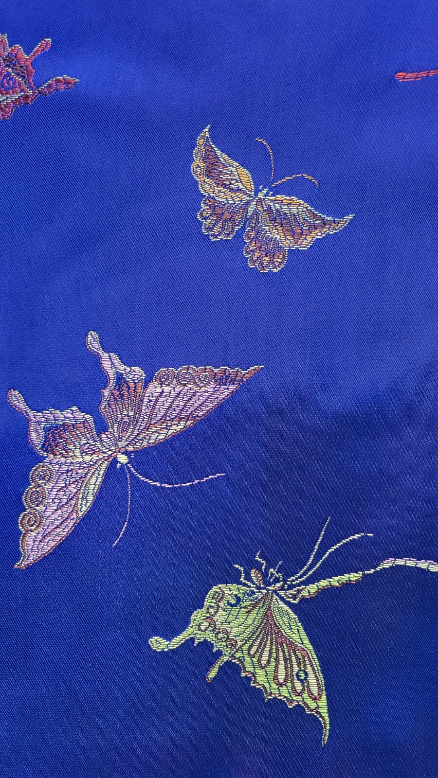 Vintage MEI GUI Blue Satin Butterfly Jacquard Japanese Silk Kimono Robe w/ Belt