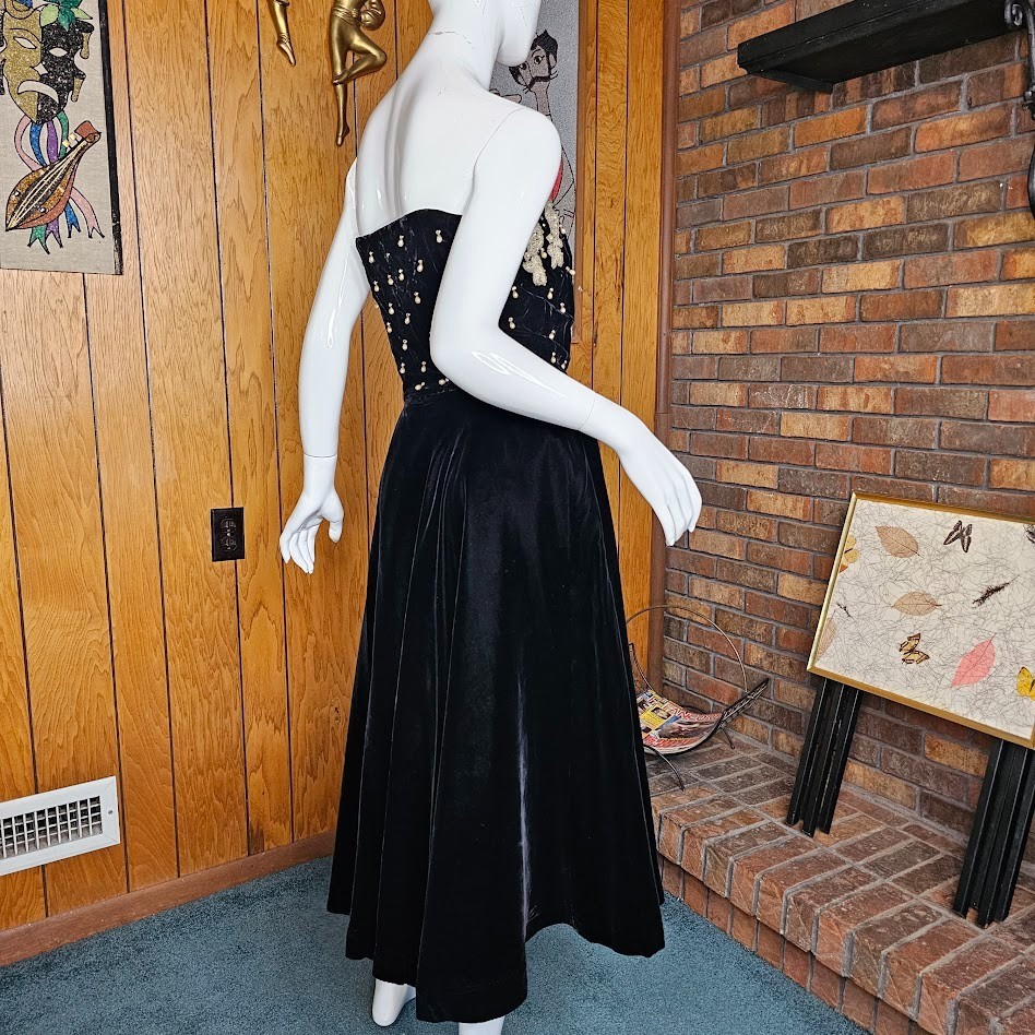 Vtg 40s New Look Pearl Drops Beaded Velvet Evening Formal Party Full Dress XS/S