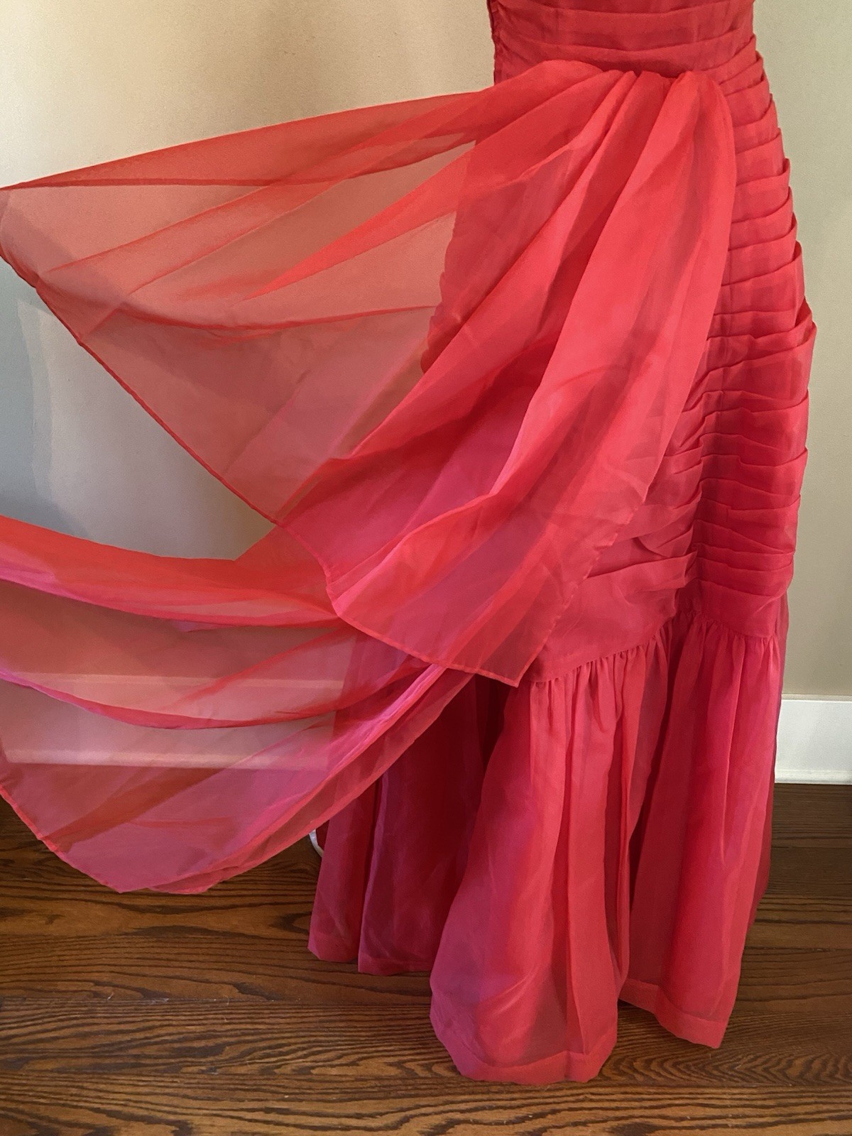 VTG 50s Red Chiffon Strapless Evening Cocktail Prom Gown Dress XS