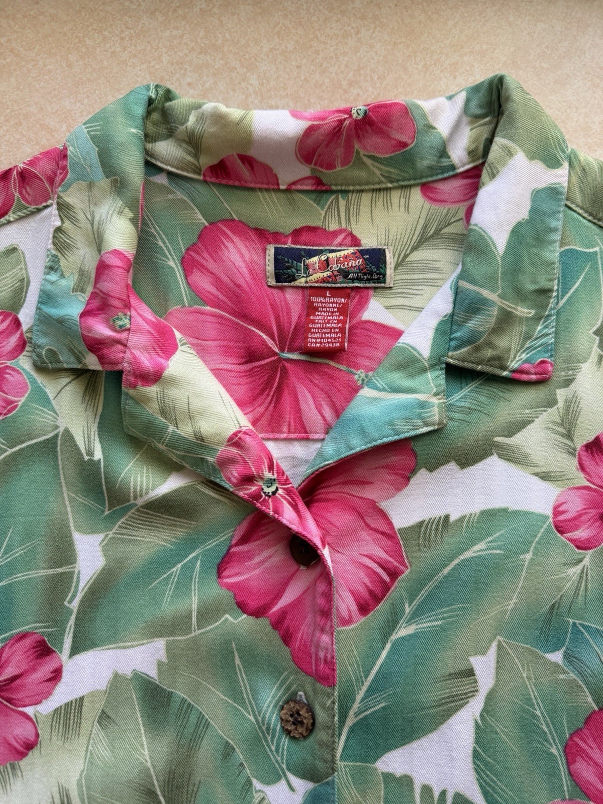 Vintage La Cabana Hawaiian Camp Shirt Womens Large Pink Hibiscus Floral Rayon