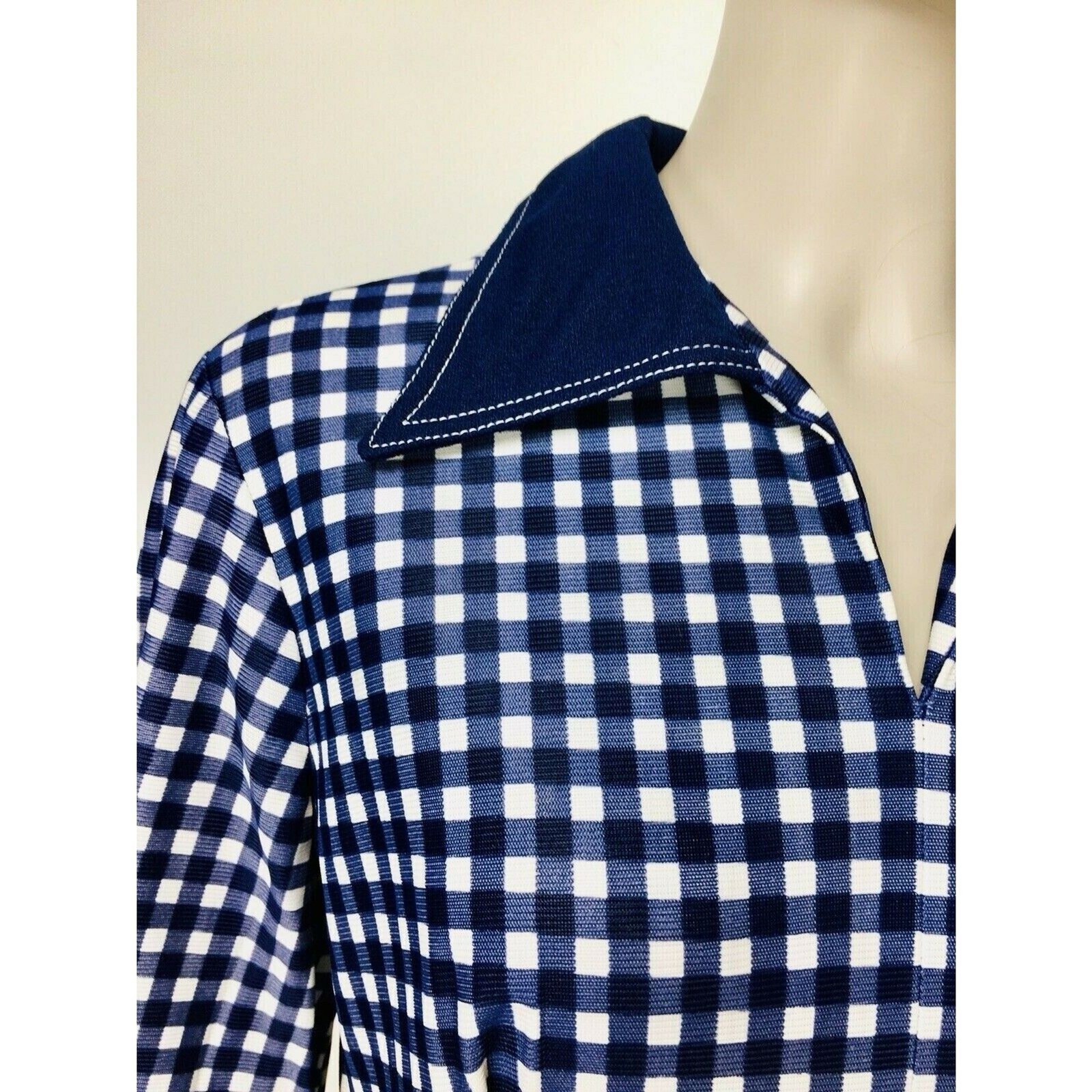 Vintage 60s MOD Academia Blue White Gingham Peekaboo A-Line Dagger Collar Dress
