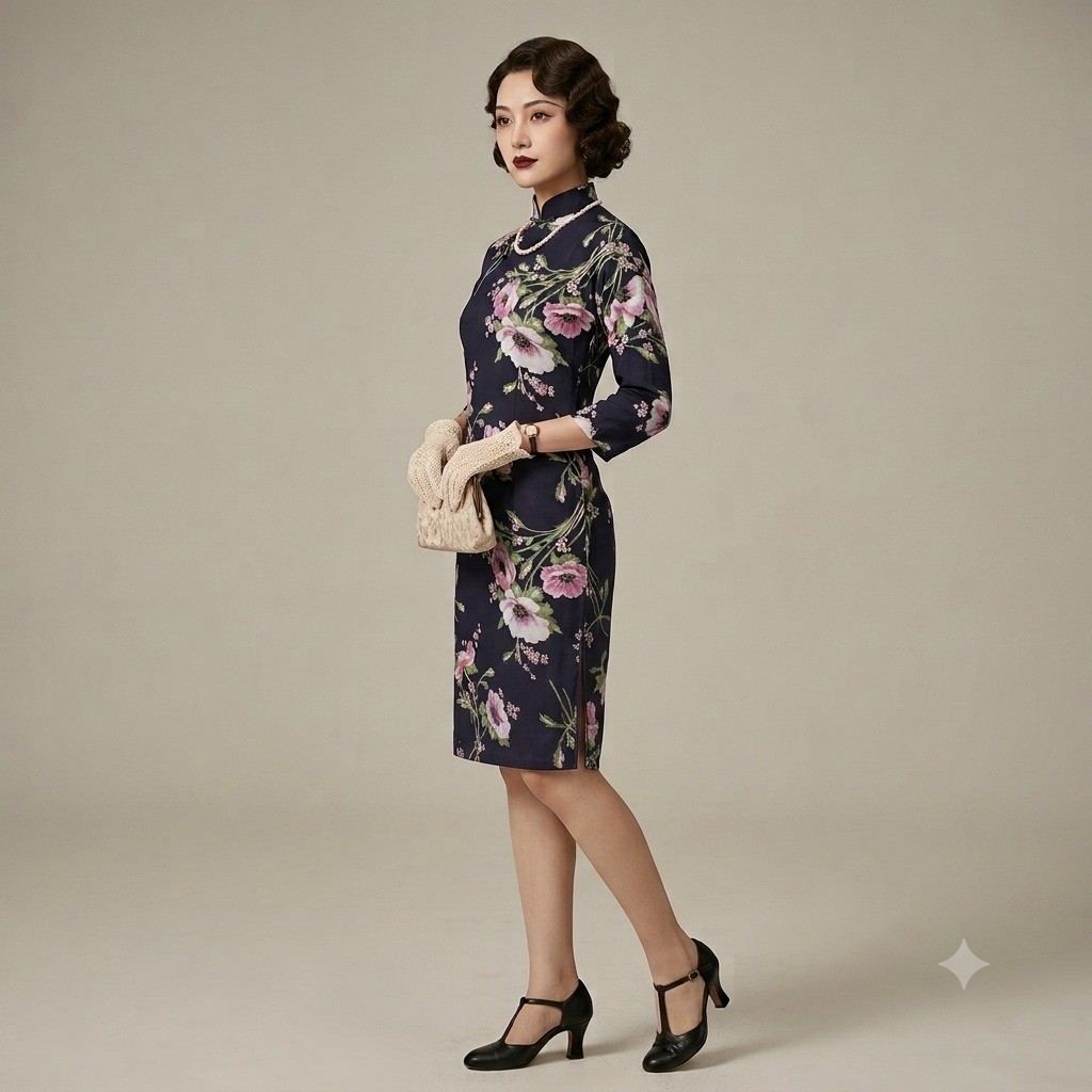 Vintage 1930s Cheongsam Qipao Dress Navy Pink Floral Rayon Art Deco XS