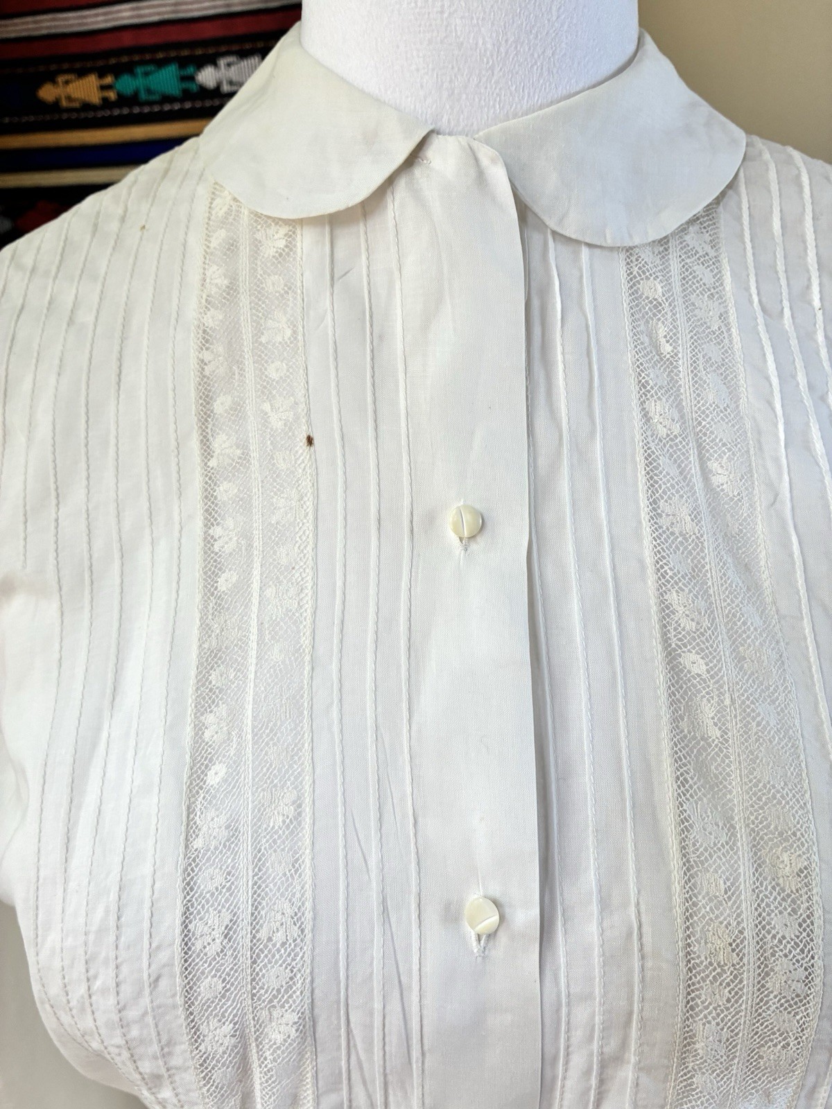 Vintage Handmade 40s White Pintuck Lace Button Up Blouse Top Size M