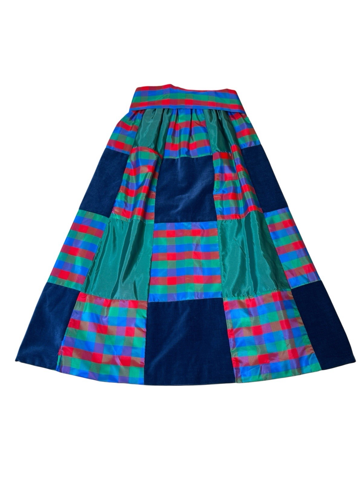 Vintage Mr. Hank 80s Ugly Christmas Prairie Patchwork Velvet+Taffeta Midi Skirt