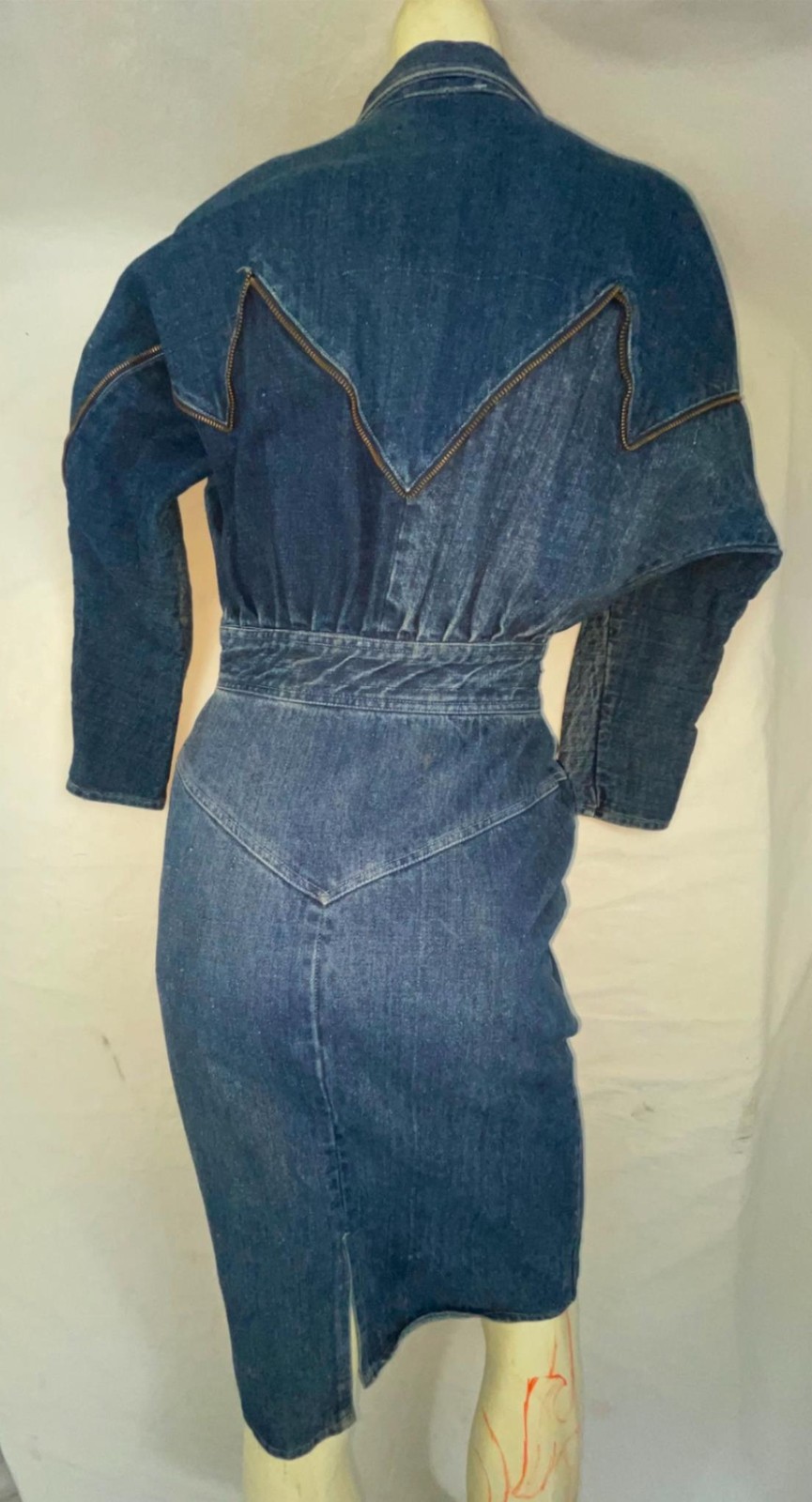 VTG 80S RETRO WOMENS 7/8 S DARK DENIM JEAN ZIPPER TRIM NEW WAVE BUTTON ZIP DRESS