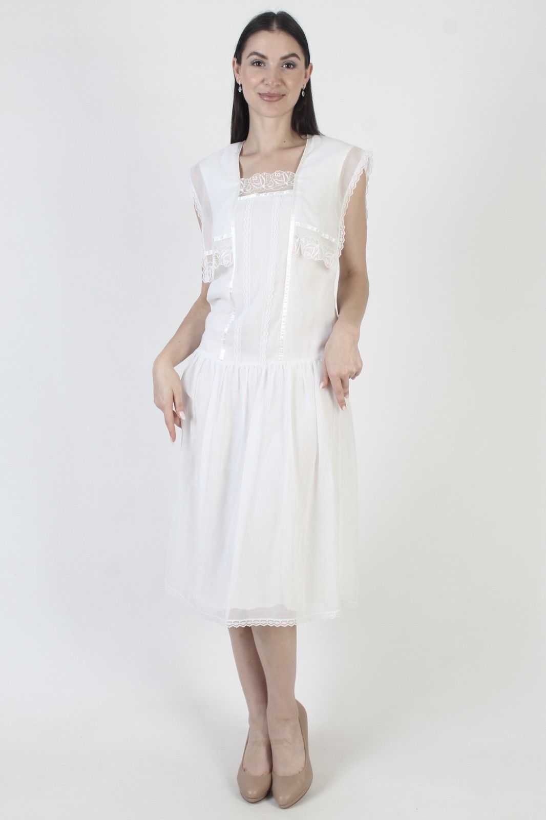 Vtg 80s Gunne Sax Dress Wht Jessica McClintock Deco Flapper Drop Waist Boho Gown