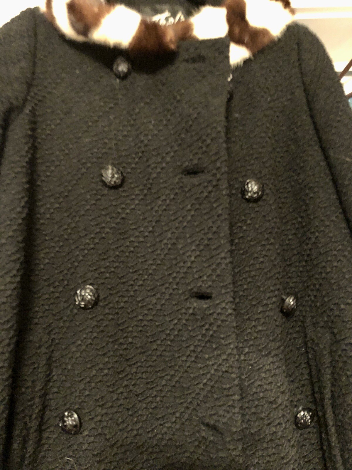 Vtg MCM Black Coat Stripe 2 Tone Fur Collar Swing Textured OOAK Glam Mid Century