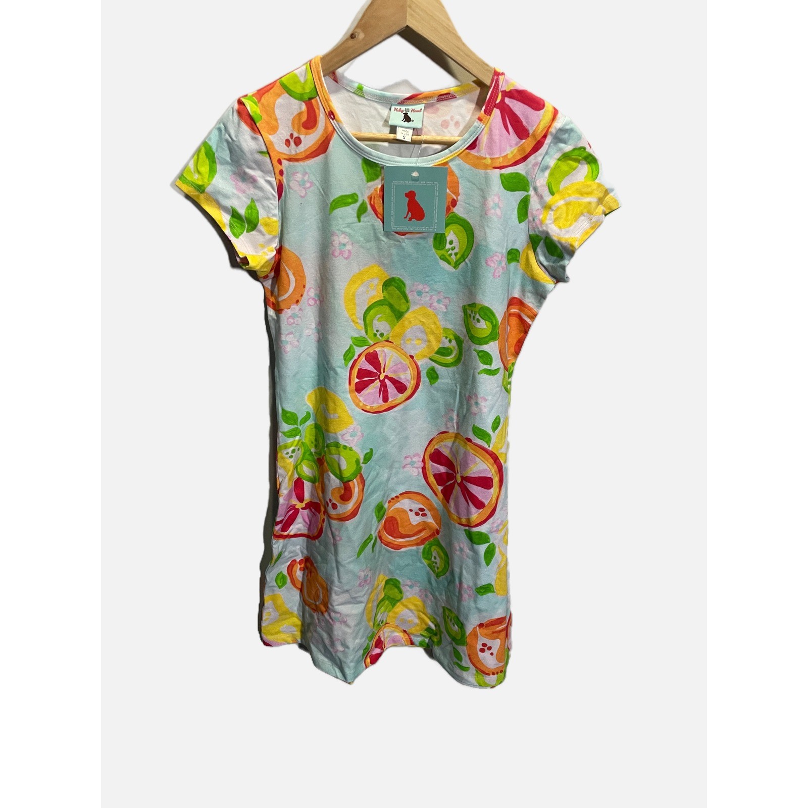 Haley and the Hound T-shirt Dress Small Blue Citrus Fruit Print Summer Coastal