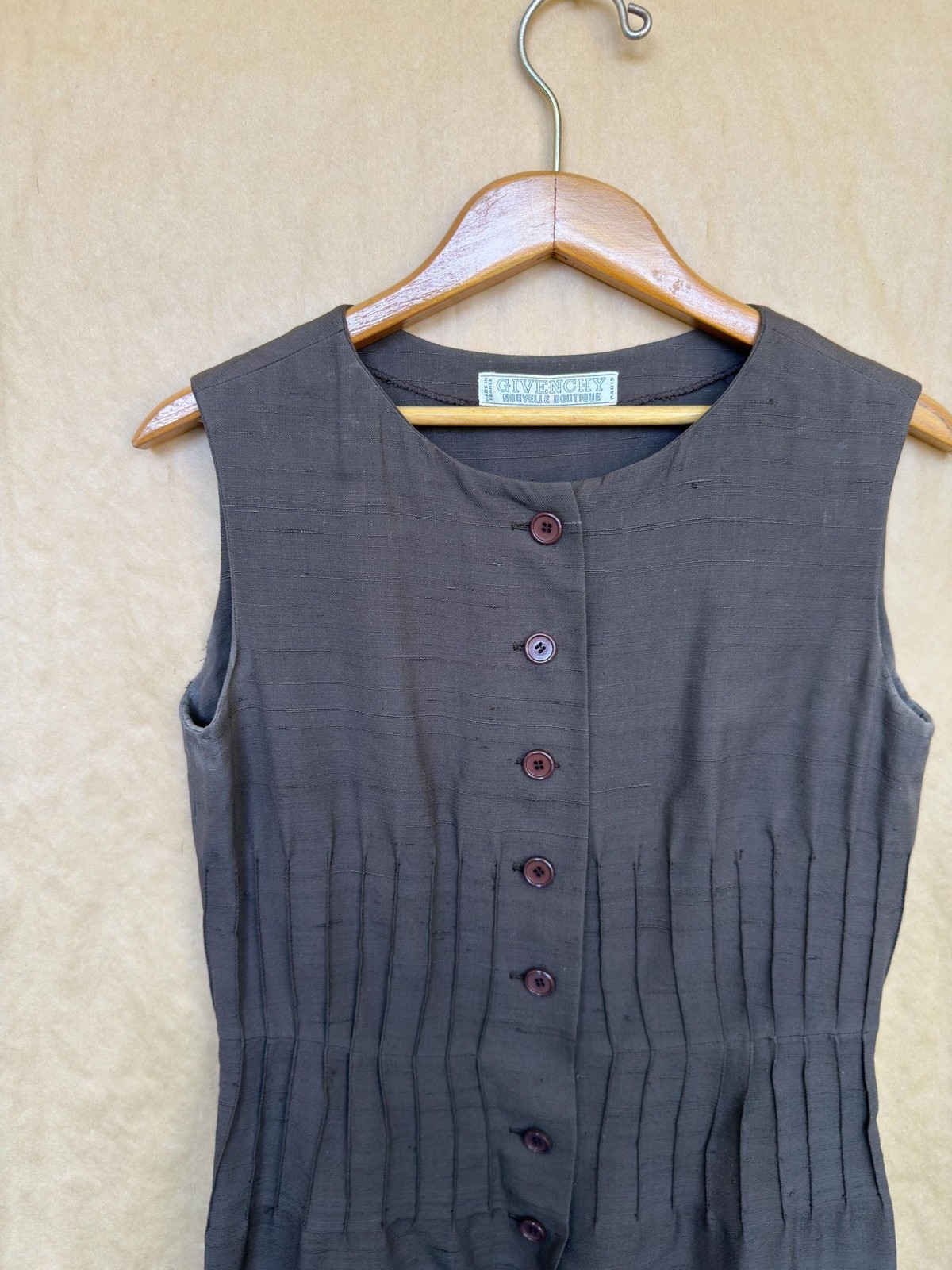 Vintage 1970s Givenchy Nouvelle Boutique Dress | Brown Raw Silk Sleeveless Midi