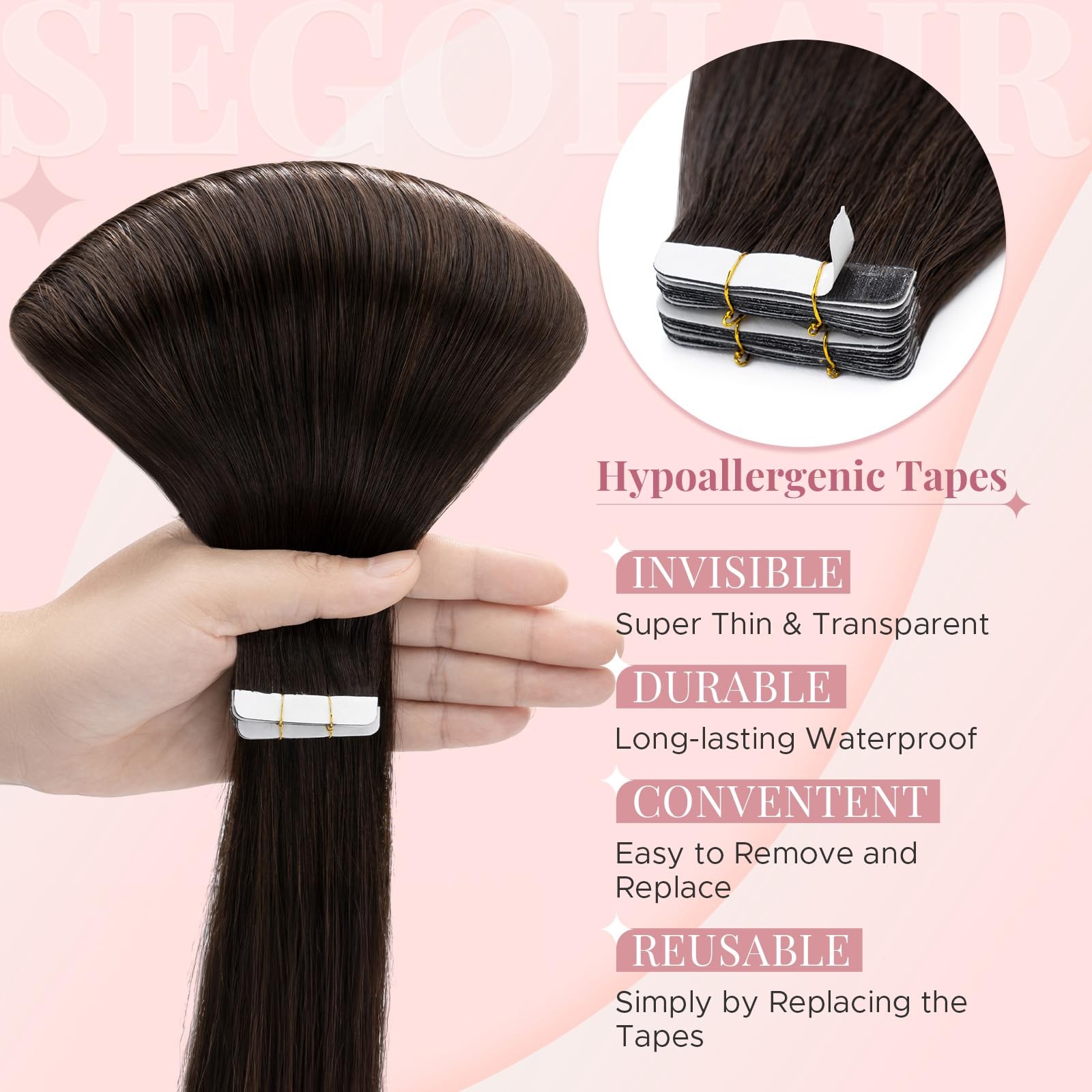 SEGOHAIR Straight Tape-In Hair Extensions Human Hair Double-Sided Adhesive Remy