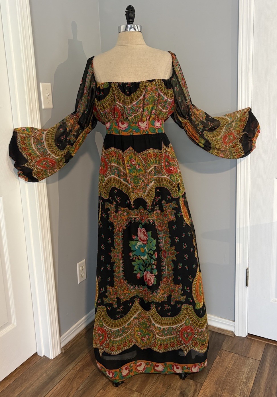 Vintage 60s Original Medieval Psychedelic Maxi Dress Mad Whirl Boho Renaissance