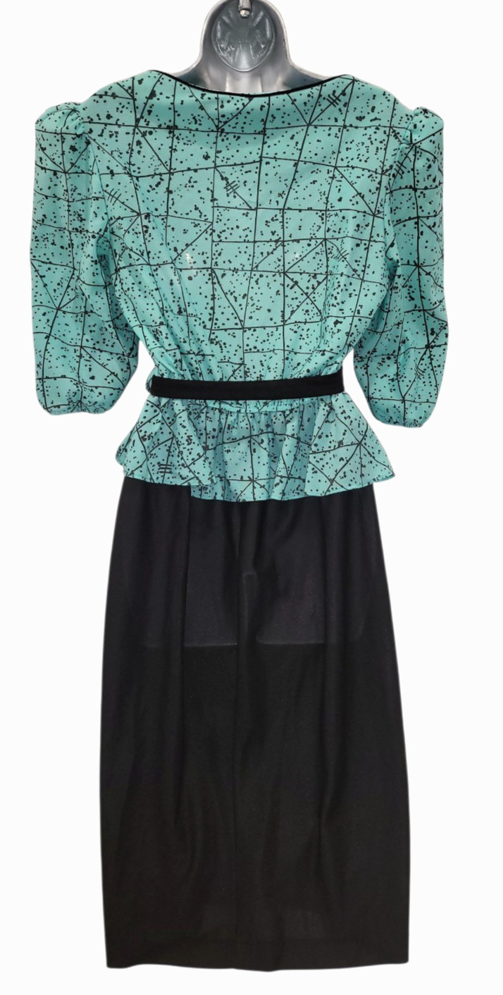 Vtg 80s KR of NY Awesome MINT GREEN BLACK GEO Print Top Black Skirt BOW Dress 16