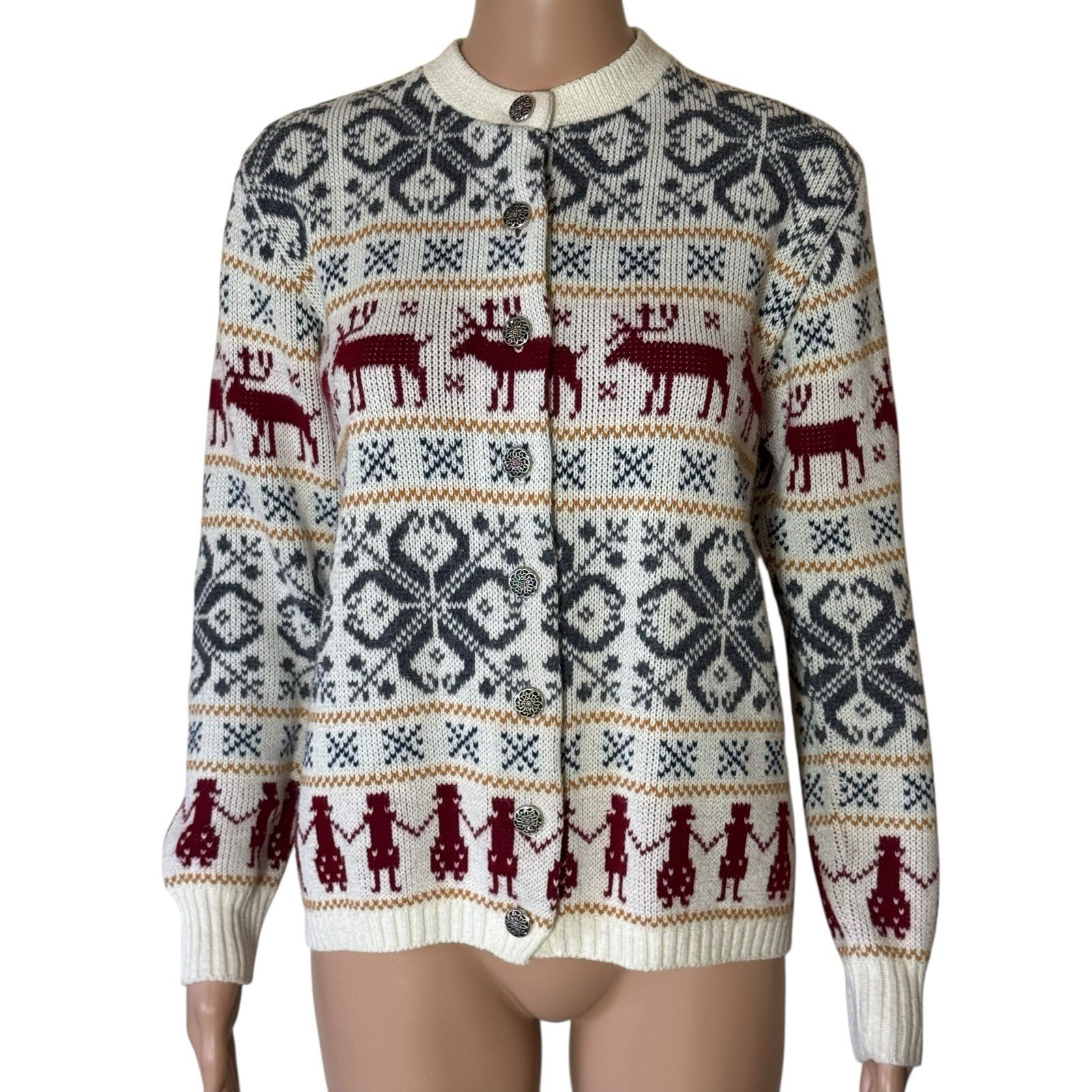 Vintage Jersild Reindeer Fair Isle Cardigan Sweater Cream Navy Burgundy Sz 38