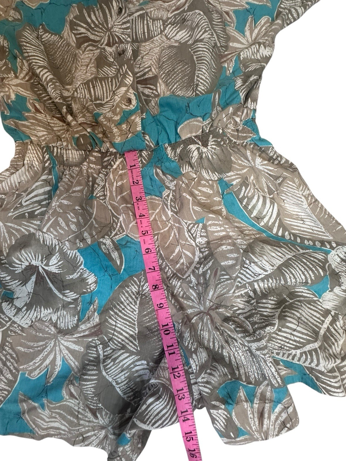 VTG French Navy 80s Floral Romper Elastic Waist Tropical Cottagecore Resort S/M