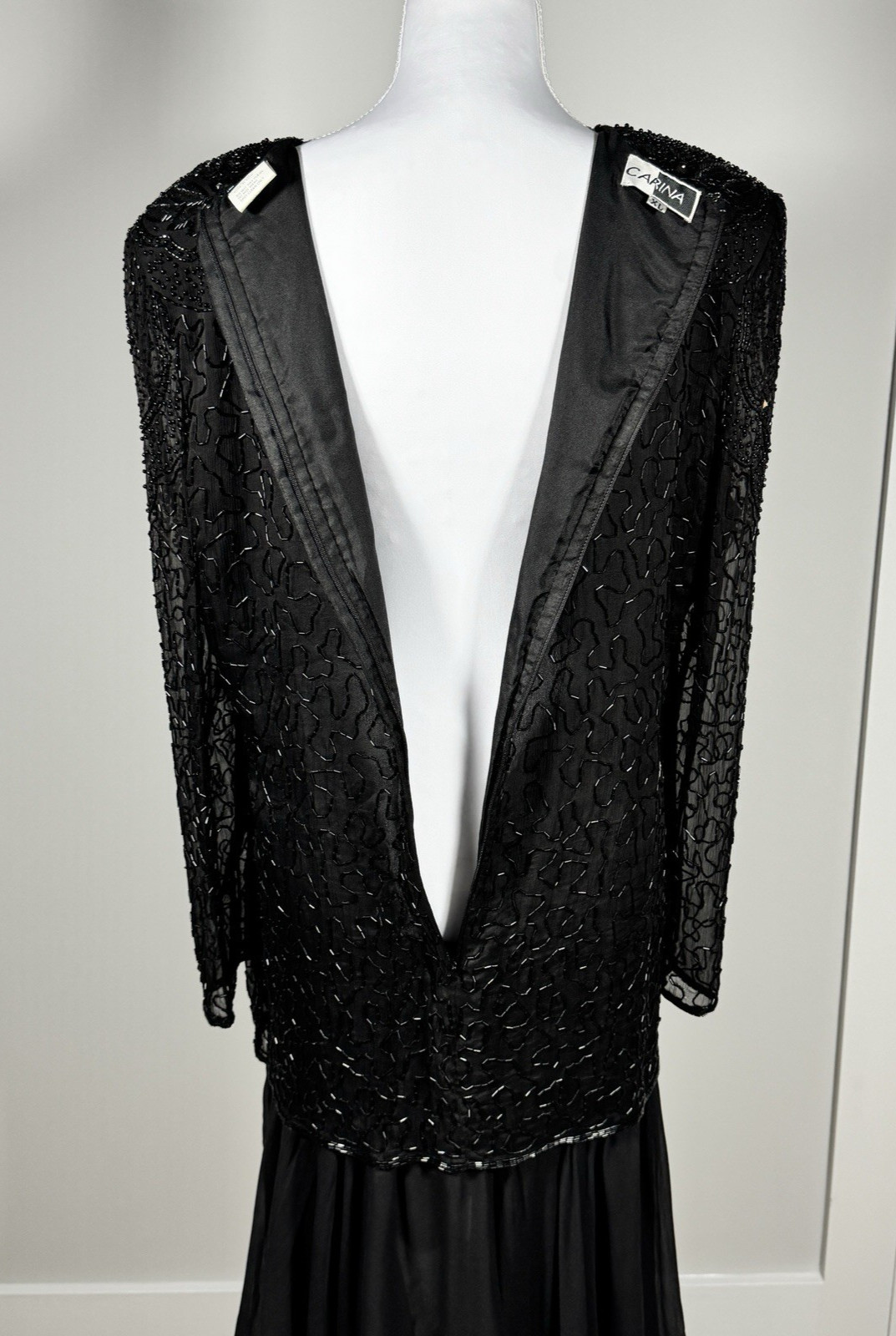 Vintage Carina Black Beaded Silk Evening Gown L/XL Asym Hem Shoulder Pads