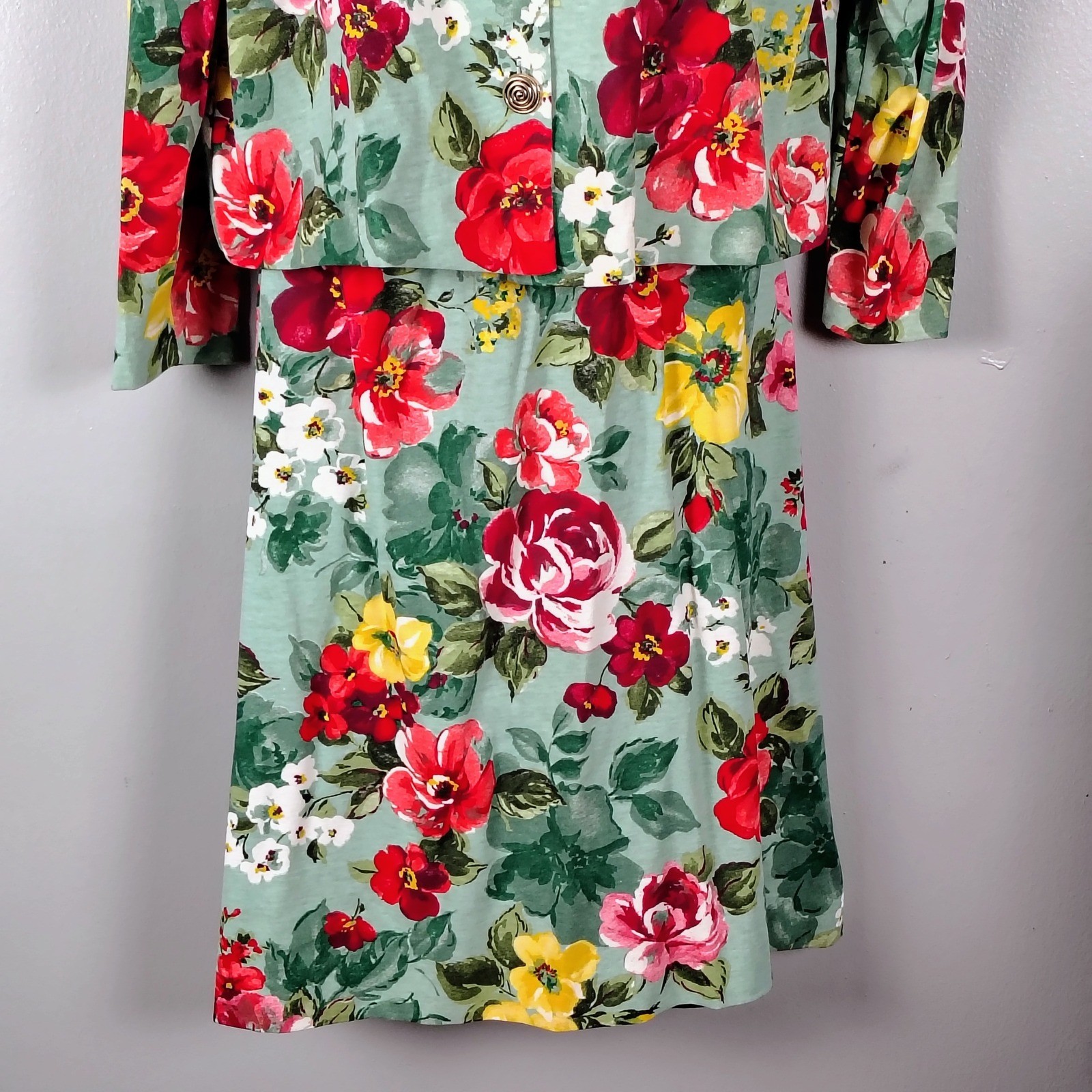 Vintage Floral 2 Piece Skirt Set Sage Green Red Yellow Made in USA romantic L