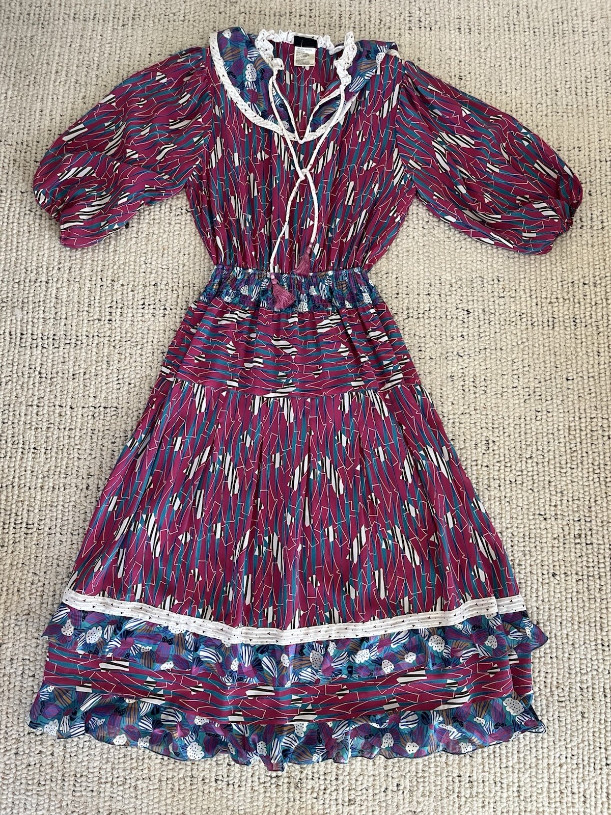 Vtg Hong Kong Diane Freis Dress L Blouson Top Georgette Mixed Print 80s Boho