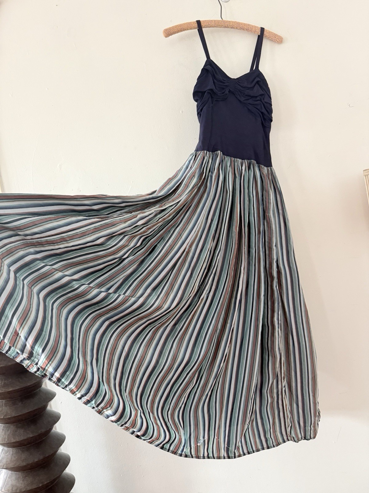 Vintage 40s Rayon Maxi Dress Ruched Bodice Colorful Striped Full Sweep Skirt XXS