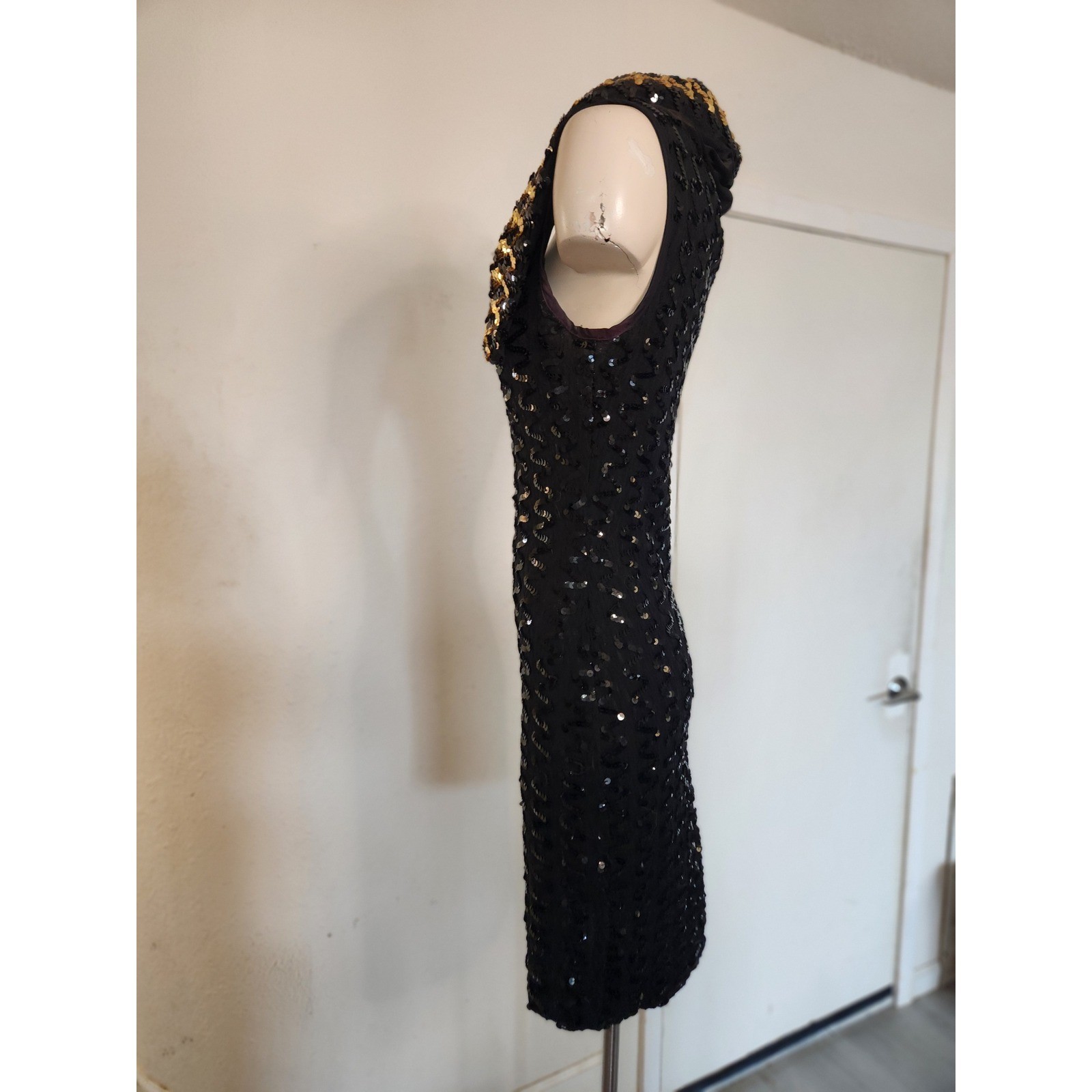 A La Carte California Vintage Sequin Cocktail Dress Black Gold Size 9/10 9917