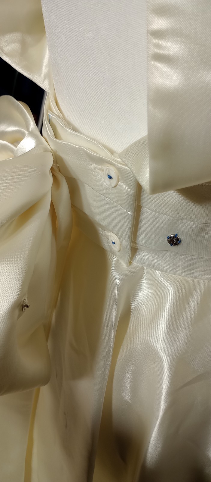 Vtg 80s Nu-Mode Satin Peplum Tea Length Wedding Dress Bow Open Back Size 5 / 6