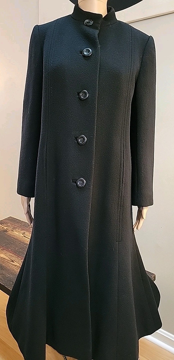 A Trigère Coat Vtg Pauline Trigere Black 100% Wool Long Overcoat Womens Size 10