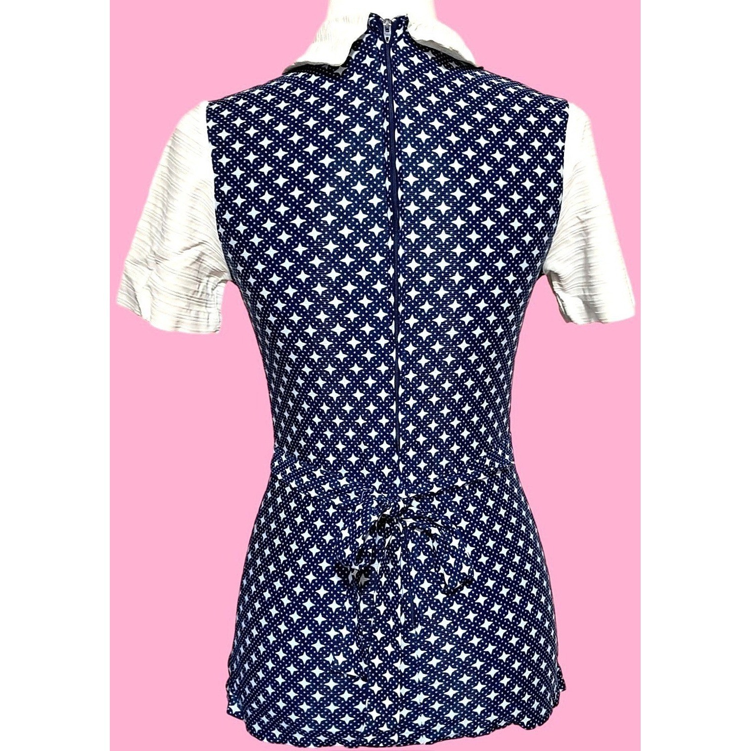Retro Vintage 70s Geometric Star Tunic Pant Set Womens Small Navy White Mod