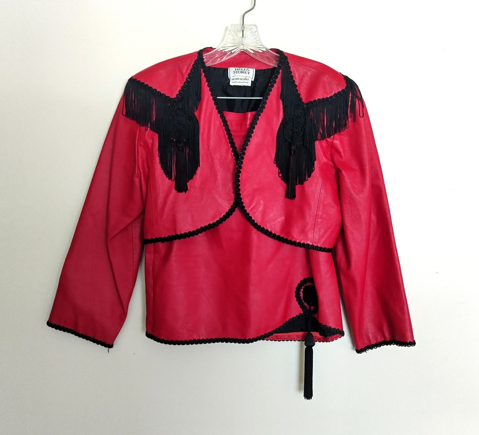Vintage Helen Storey Henri Bendel Red Leather Fringe Skirt Suit England 80s