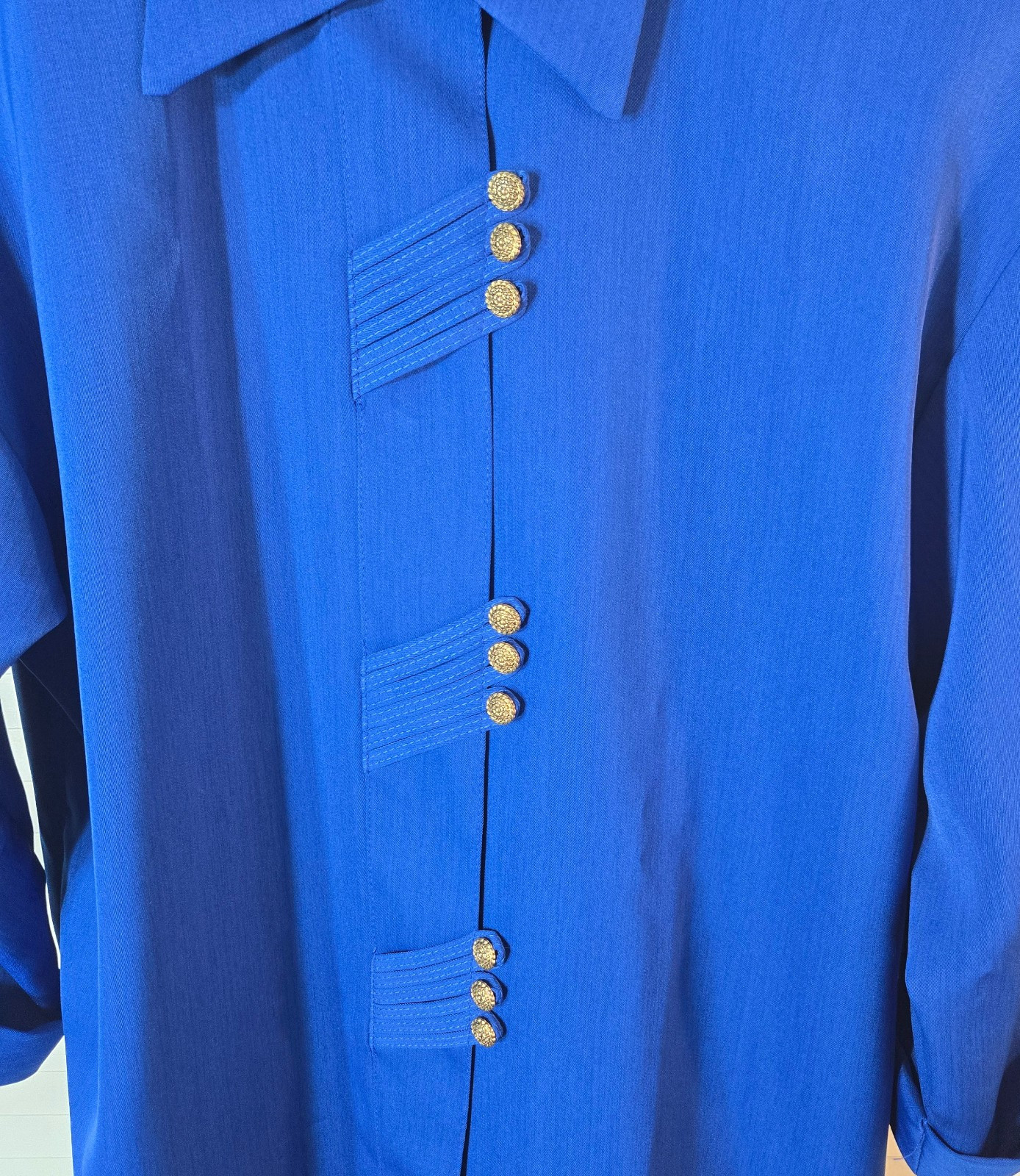 Reina Industries Sz 8 Shirt Top Electric Blue Oriental Button 3/4 Cuffed Sleeve