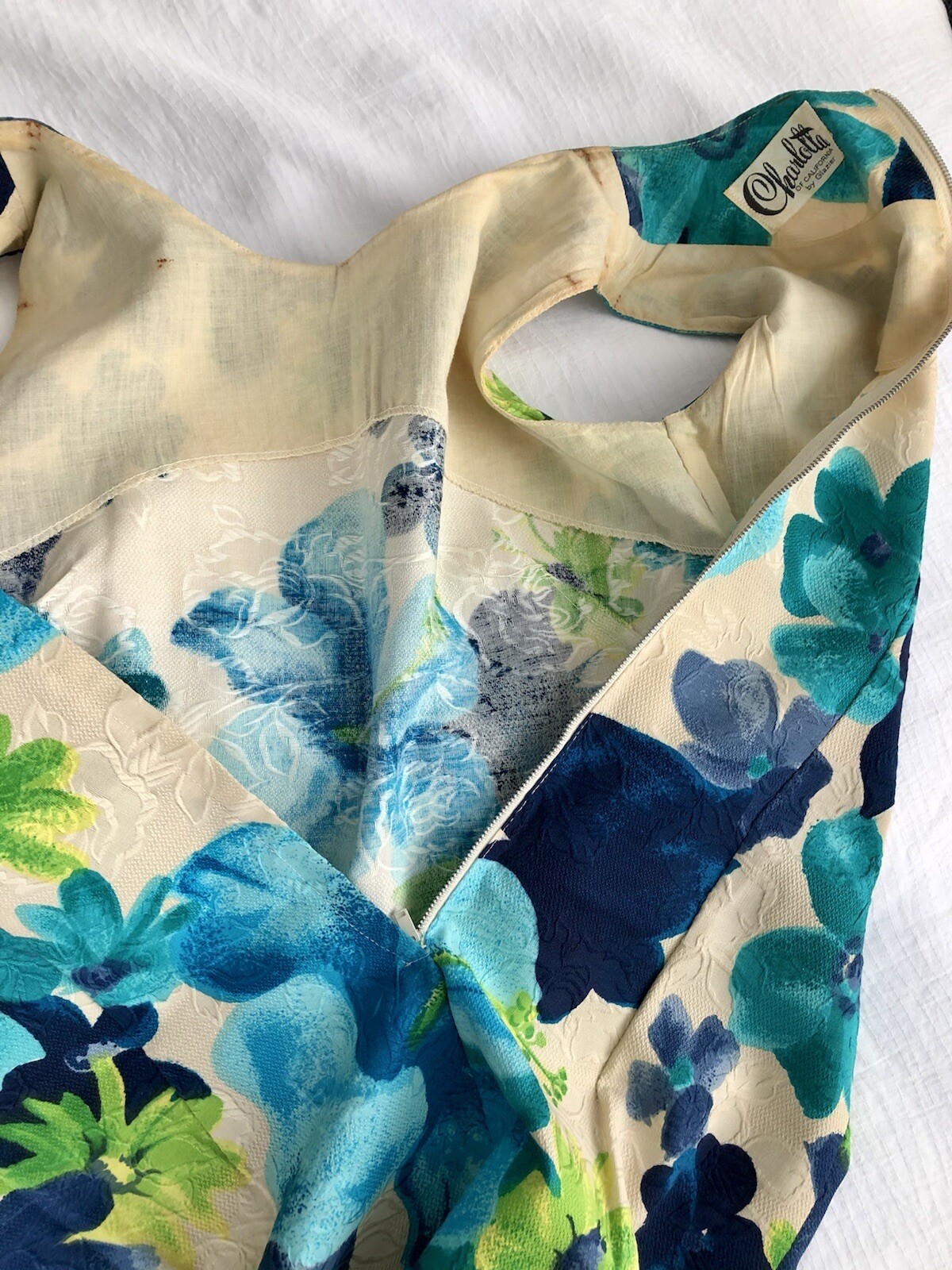 Vintage 1950’s Sheath Dress Charlotta Of California Hibiscus Print Brocade Small