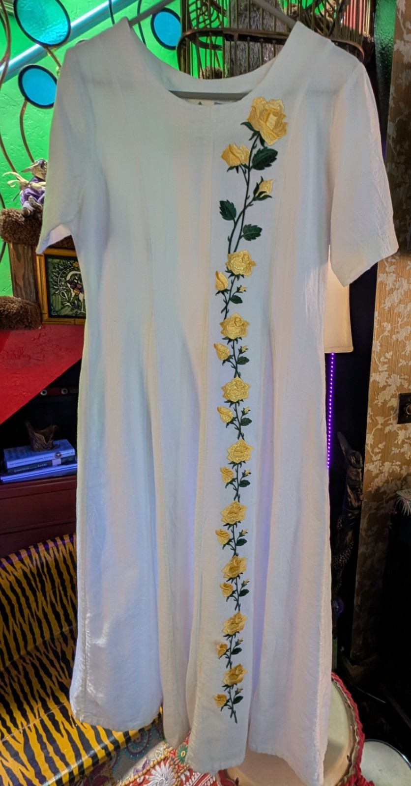 OOAK White Cotton VTG Maxi Dress Sz S Yellow Rose Appliques Cottagecore Boho