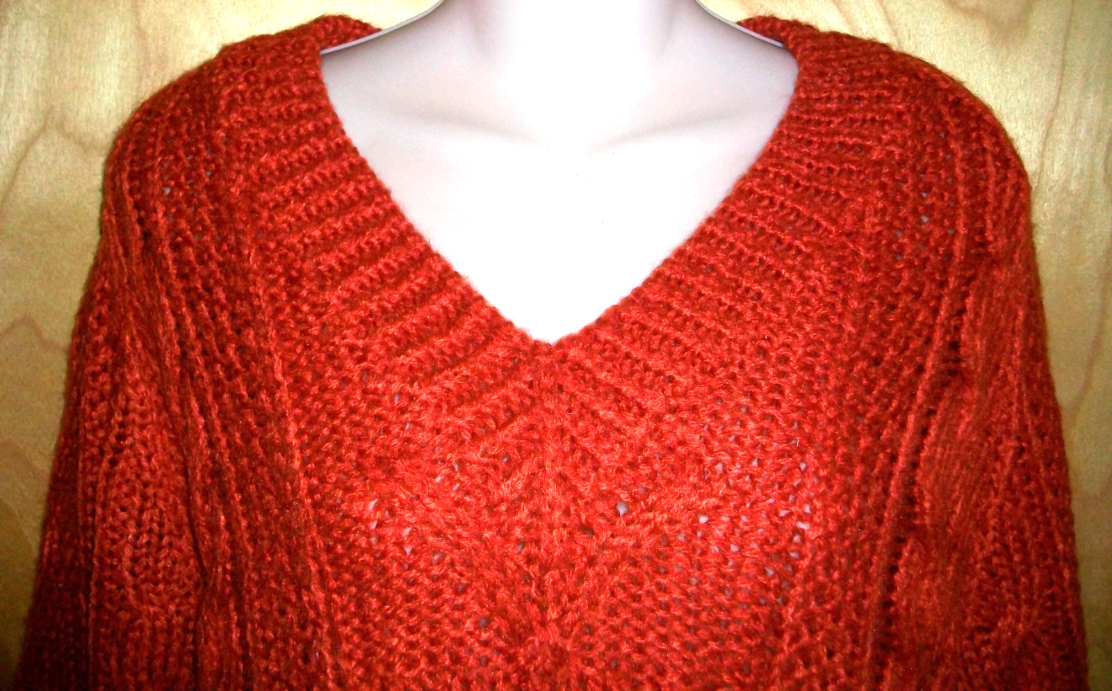 Vintage Hukapoo Paprika Orange Acrylic Cable Knit Pullover V-neck Sweater MEDIUM