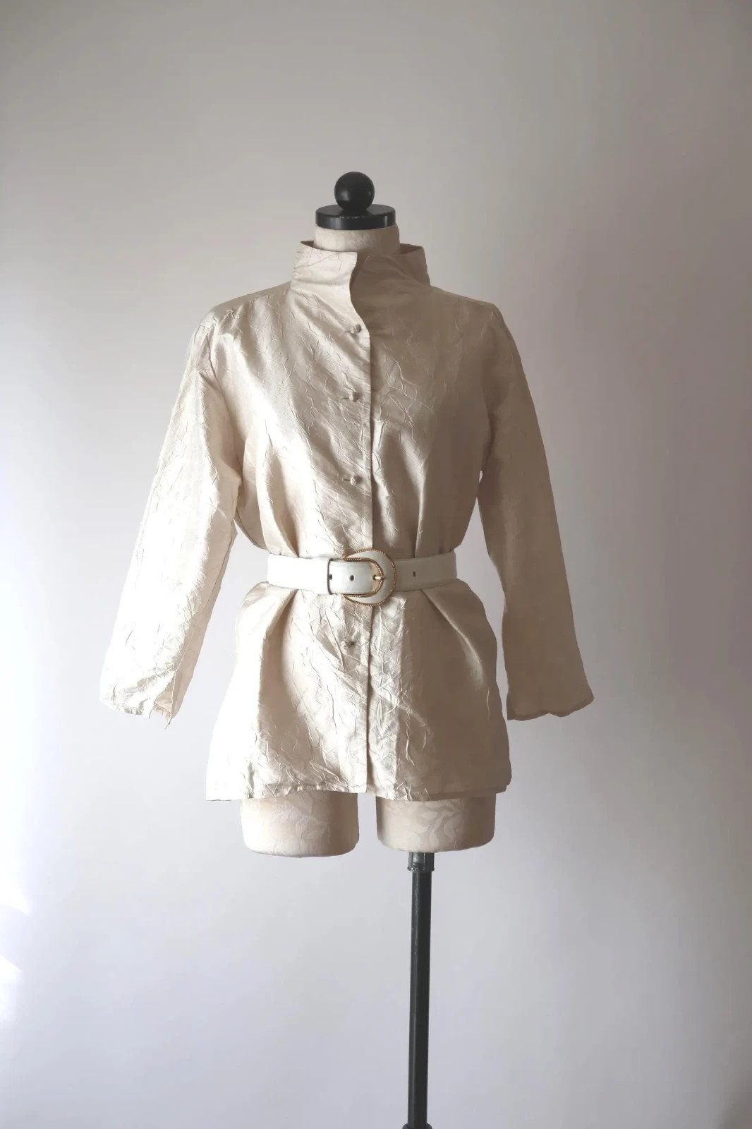 90s VTG Eileen Fisher Ecru Crinkled Silk Lightweight Evening Jacket Women S M L