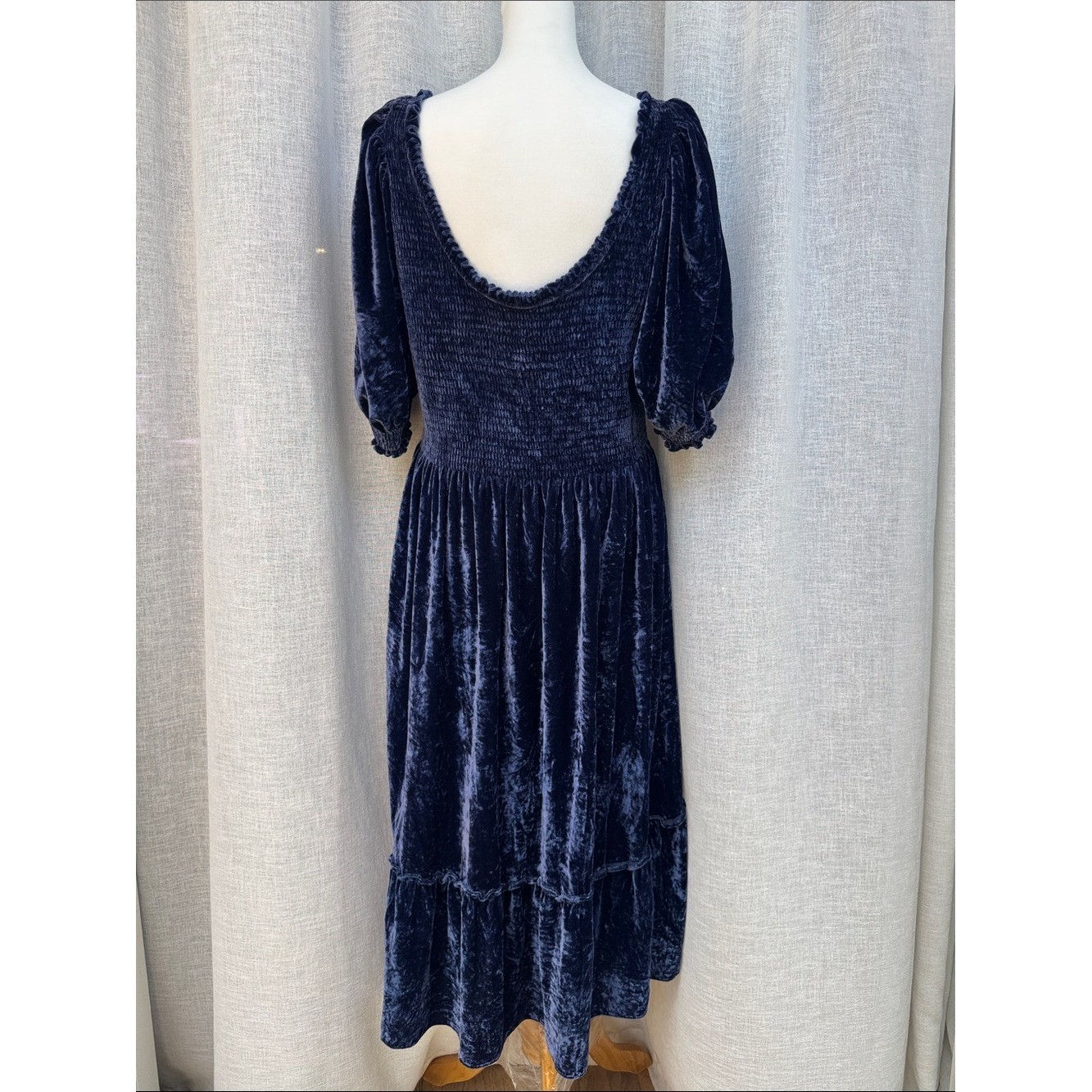 Hill House Home blue velvet Louisa Nap Dress smocked bodice puff sleeves