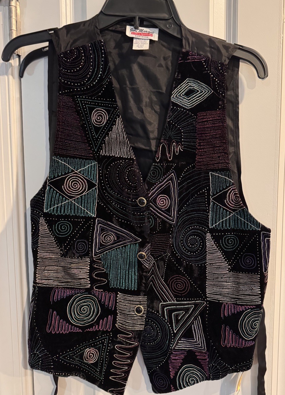 Vintage 80s Jeri Marque Vest Medium Velvet Geometric Metallic Artwear Black