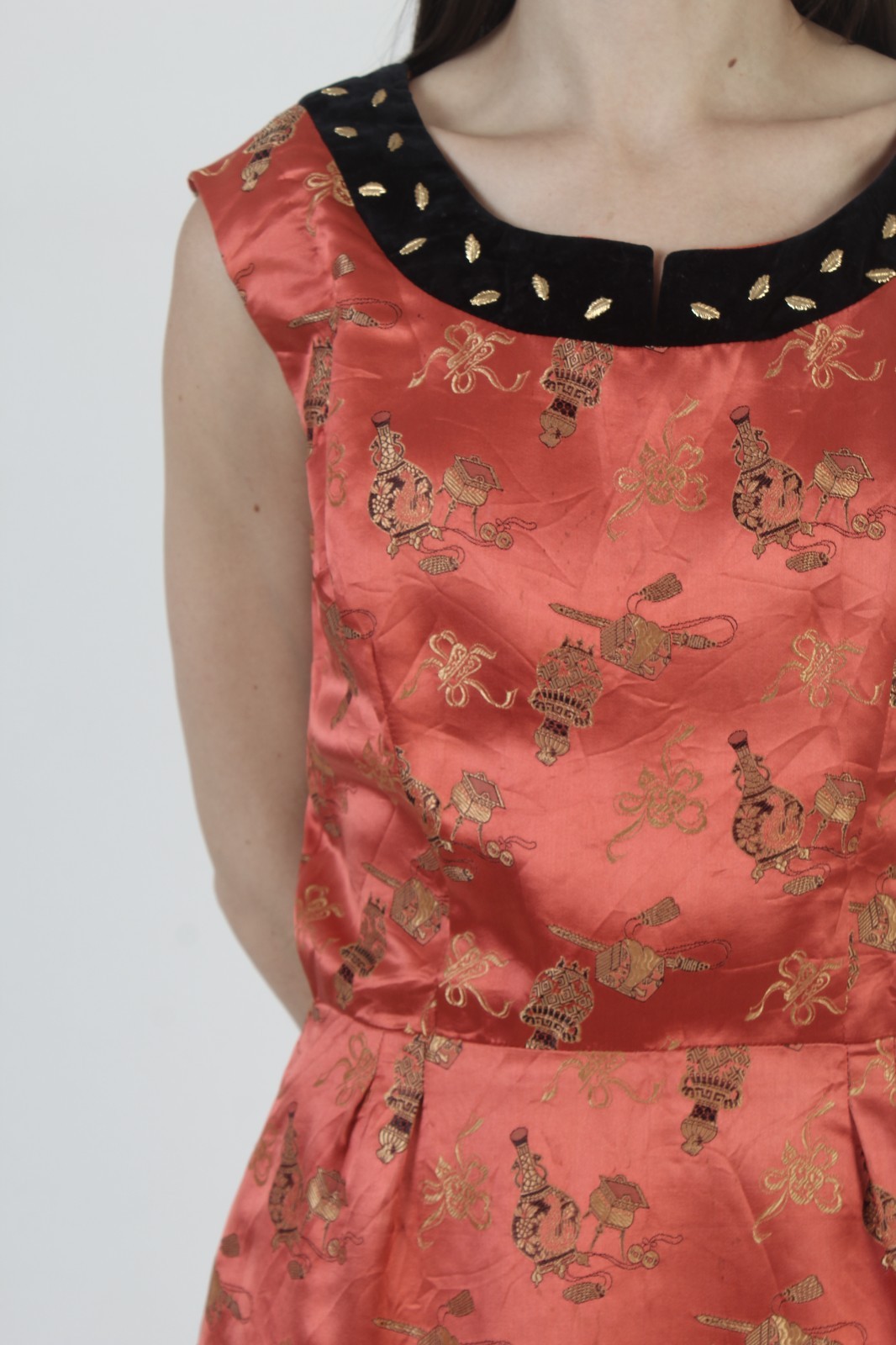 Vtg 50s Metal Side Zipper Dress Asian Chinese Print Mid Century House Rockabilly