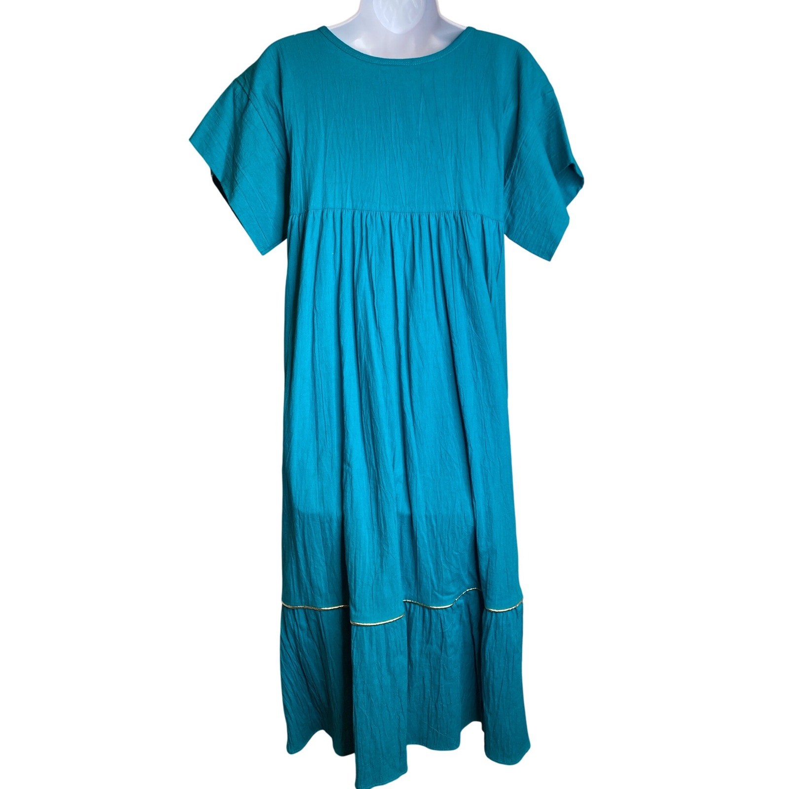 VTG 70s Womens Teal Embroidered Kaftan Housedress Est Sz M Mumu Golden Girls