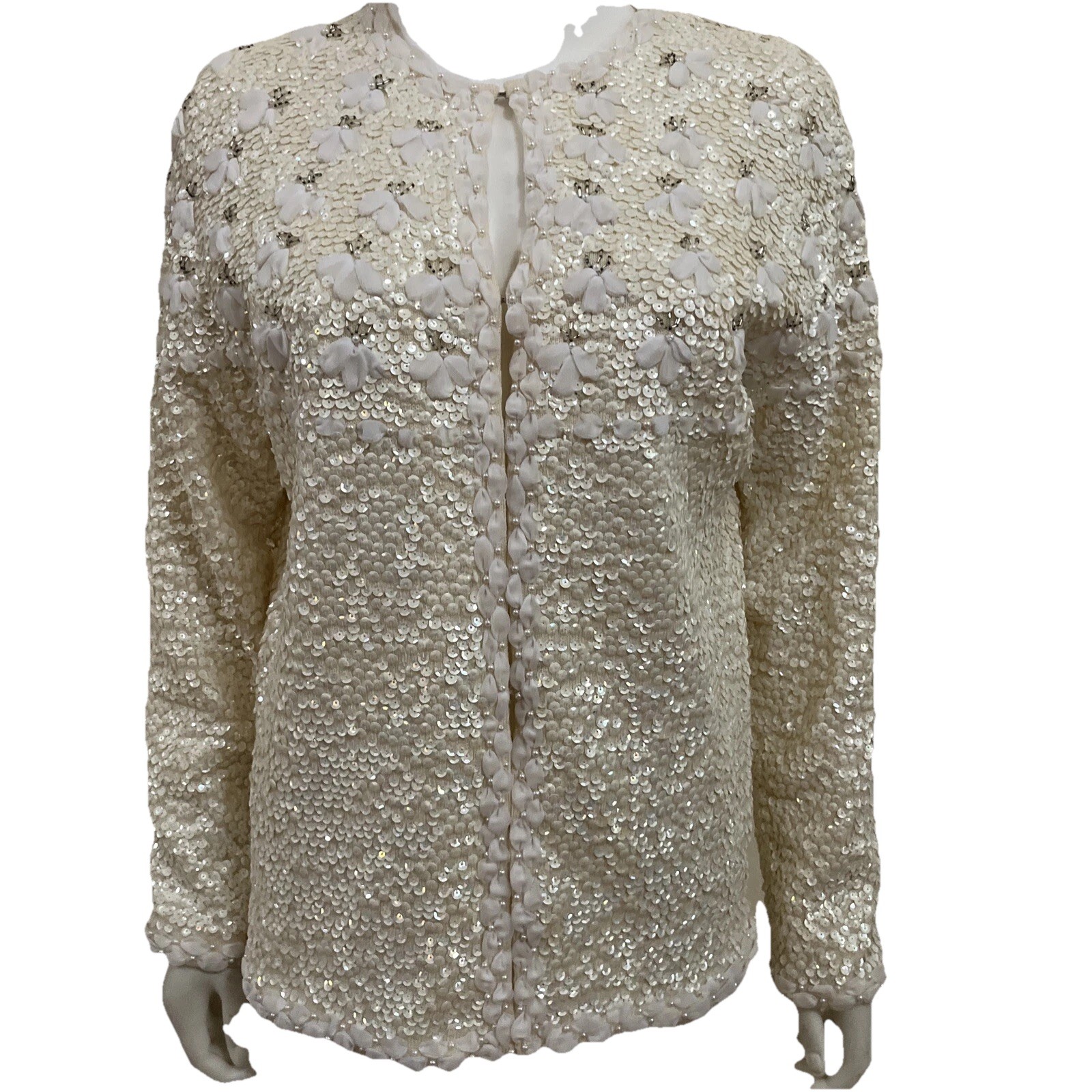 Vintage 1960s White Bouclé Cardigan Sweater Women’s Large Tailored Wool Beaded