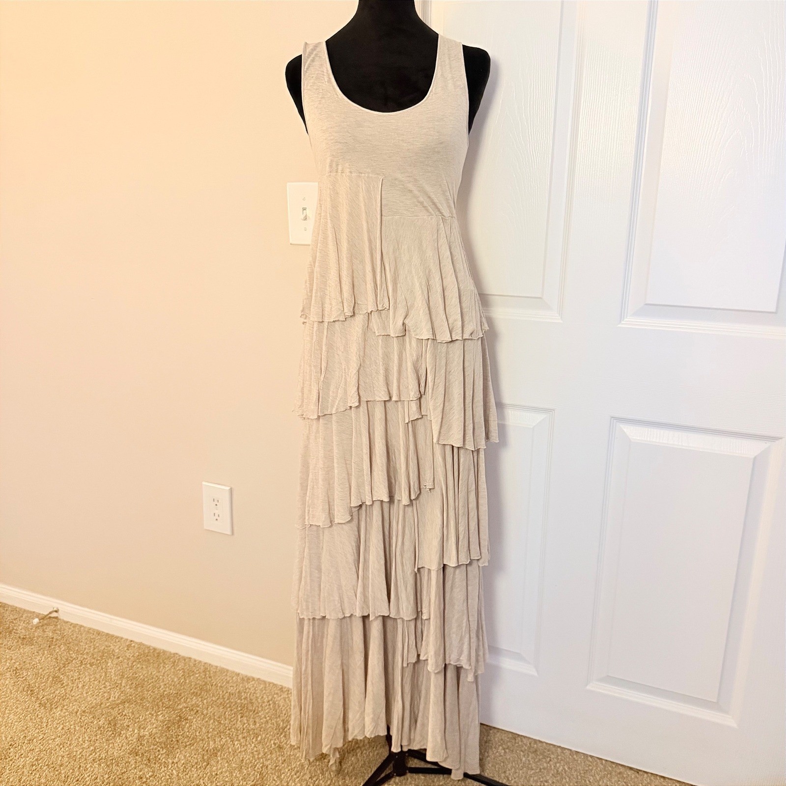 VTG Vivienne Tam 100% Modal Cream Maxi Dress Tiered Asymmetrical Hem Y2K SZ S