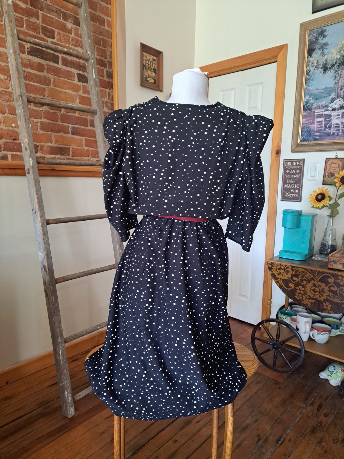VTG 70s JC Penney Fashions Black & White Polka Dot Below Knee V Neck Dress Sz L